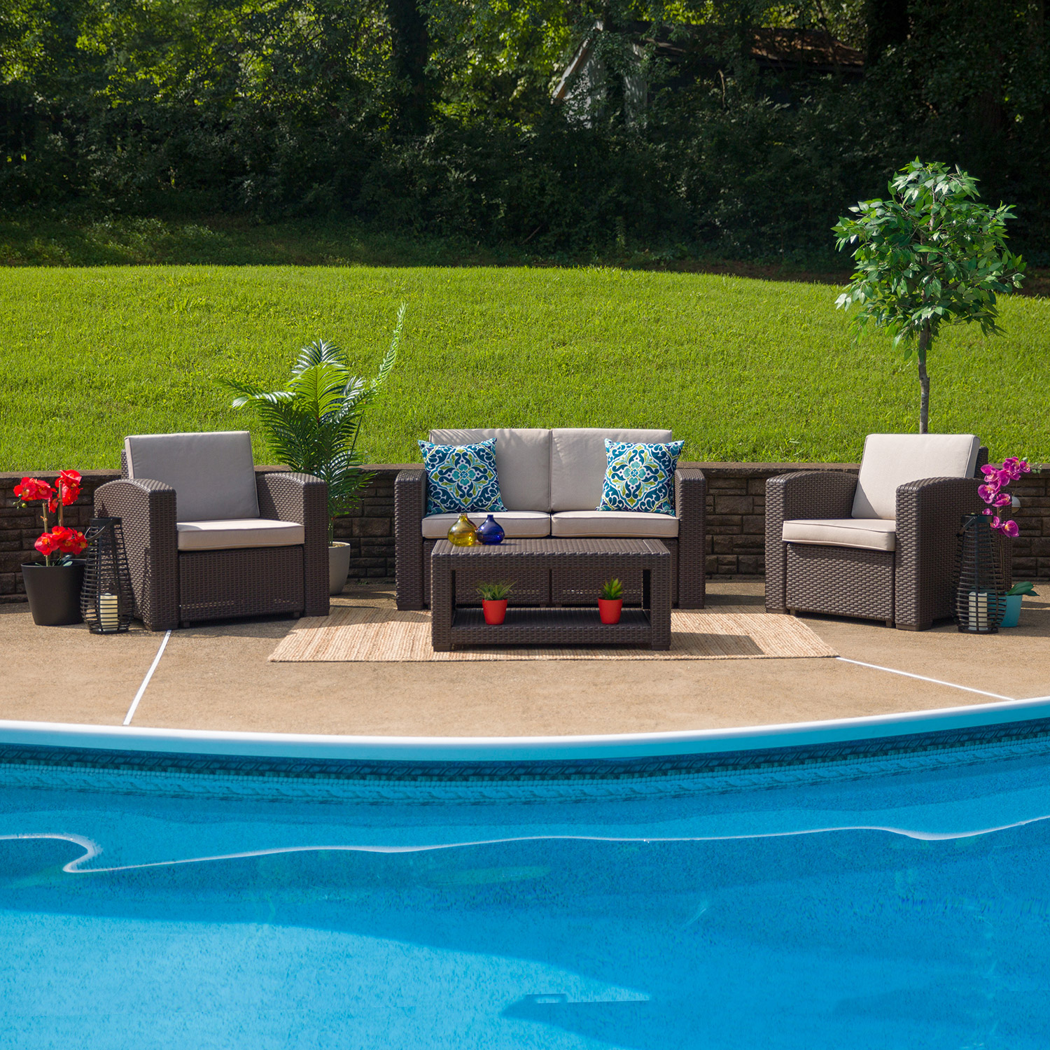 BLNK Seneca Outdoor Faux Rattan Chair, Loveseat and Table Set 4 Piece - Chocolate Brown