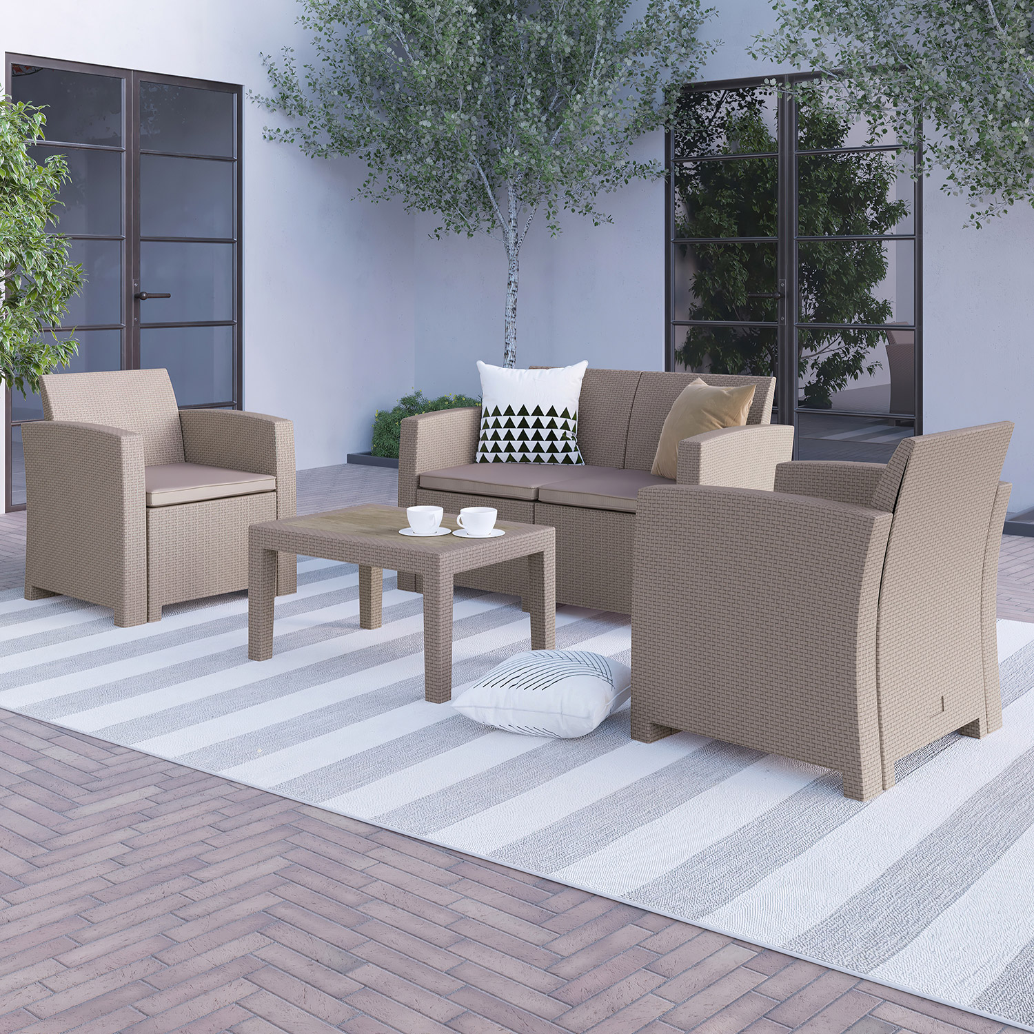 BLNK Seneca Outdoor Faux Rattan Chair, Loveseat and Table Set 4 Piece