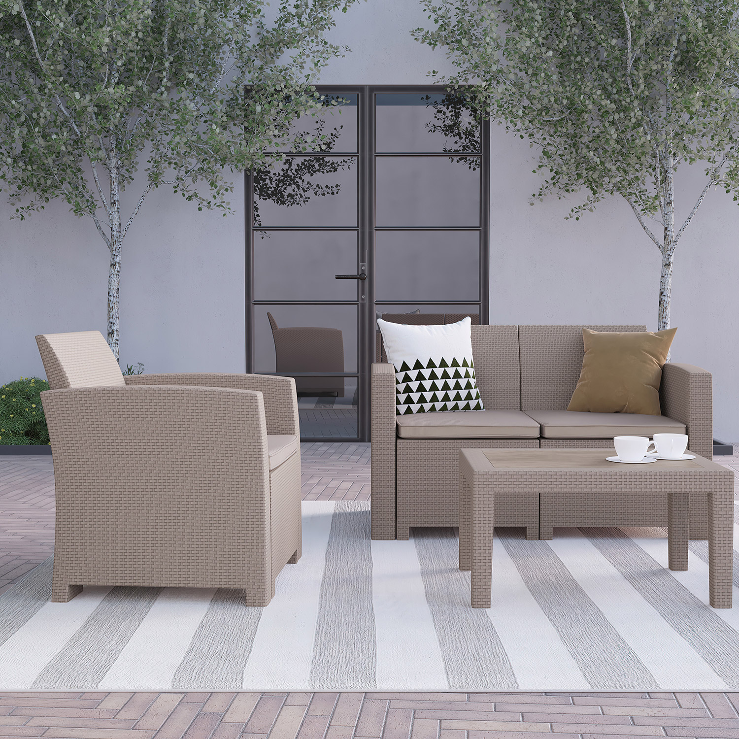 BLNK Seneca Outdoor Faux Rattan Chair, Loveseat and Table Set 4 Piece - Light Gray