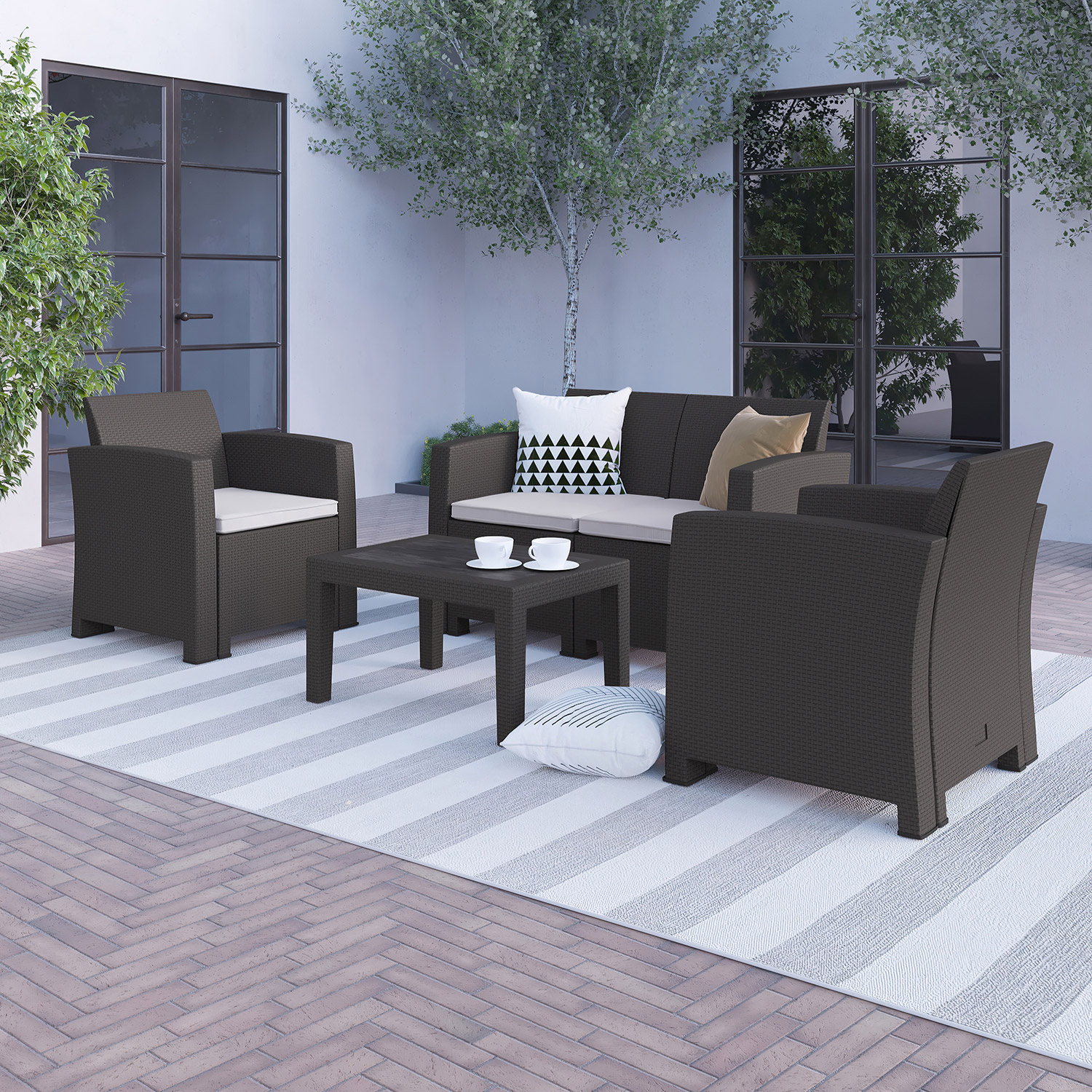 BLNK Seneca Outdoor Faux Rattan Chair, Loveseat and Table Set 4 Piece