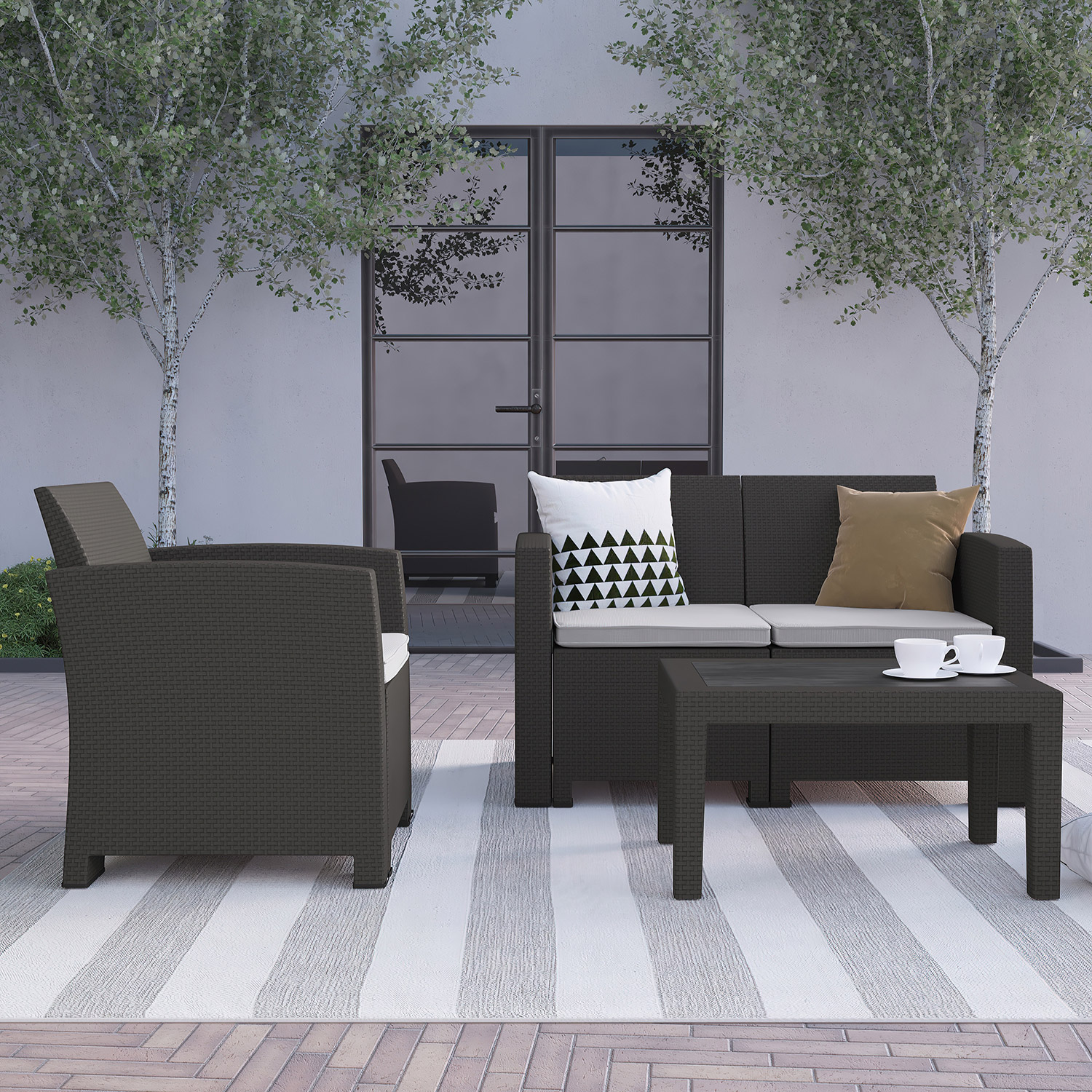 BLNK Seneca Outdoor Faux Rattan Chair, Loveseat and Table Set 4 Piece - Dark Gray