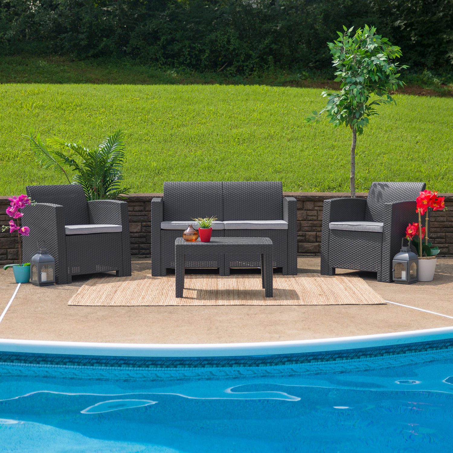 BLNK Seneca Outdoor Faux Rattan Chair, Loveseat and Table Set 4 Piece - Dark Gray