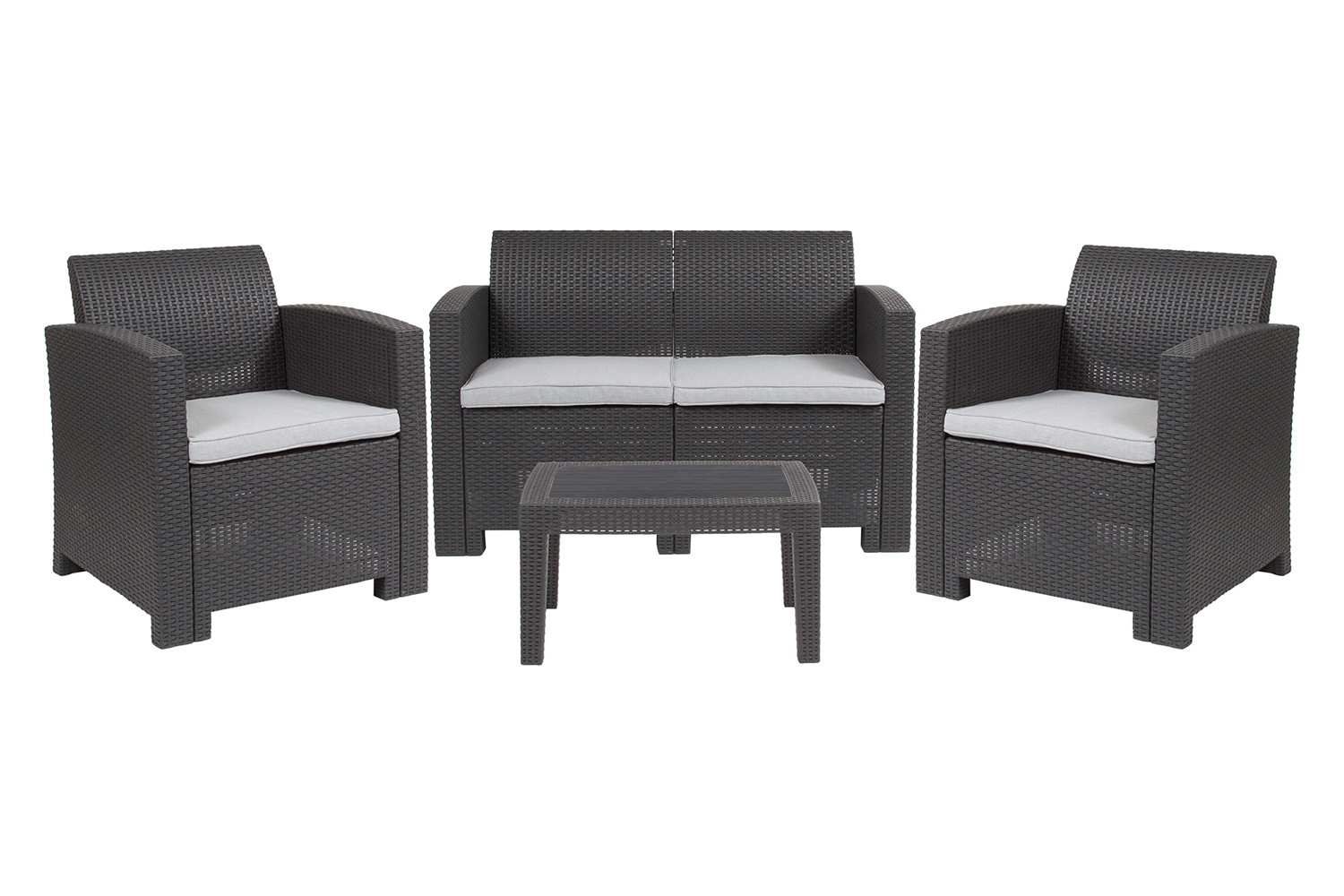 BLNK Seneca Outdoor Faux Rattan Chair, Loveseat and Table Set 4 Piece - Dark Gray