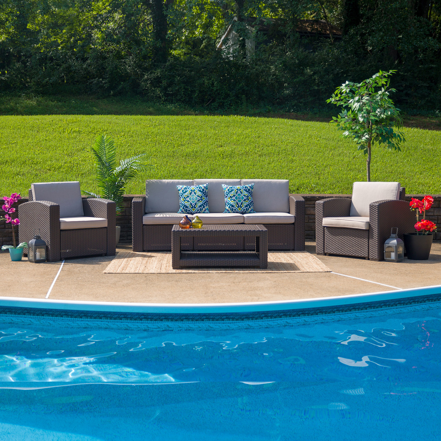 BLNK Seneca Outdoor Faux Rattan Chair, Sofa and Table Set 4 Piece - Chocolate Brown