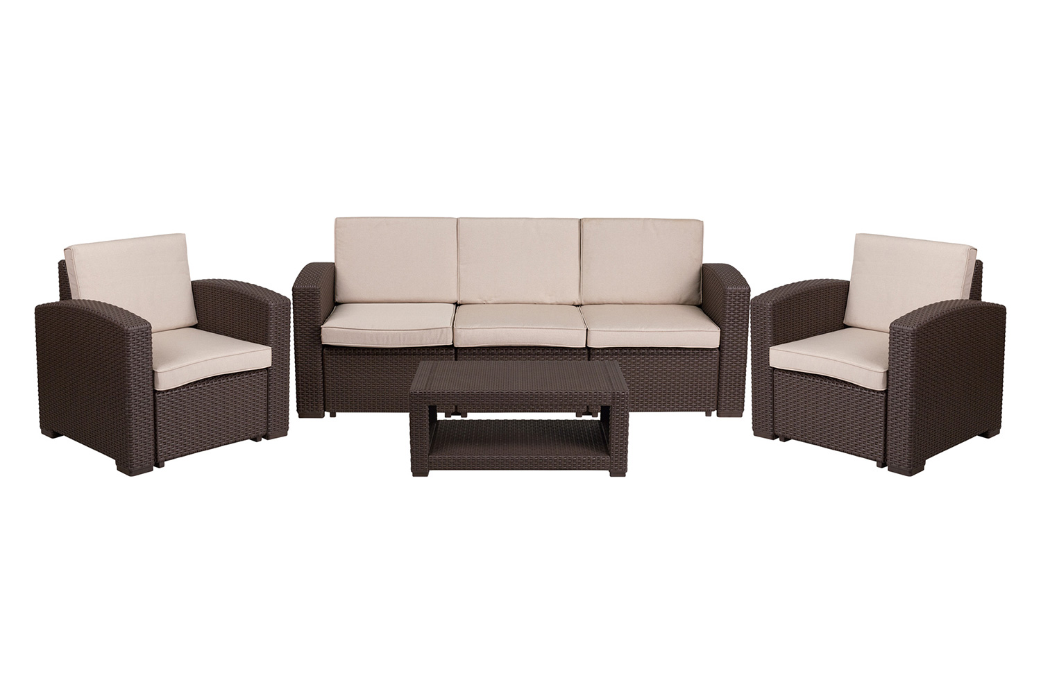 BLNK Seneca Outdoor Faux Rattan Chair, Sofa and Table Set 4 Piece - Chocolate Brown