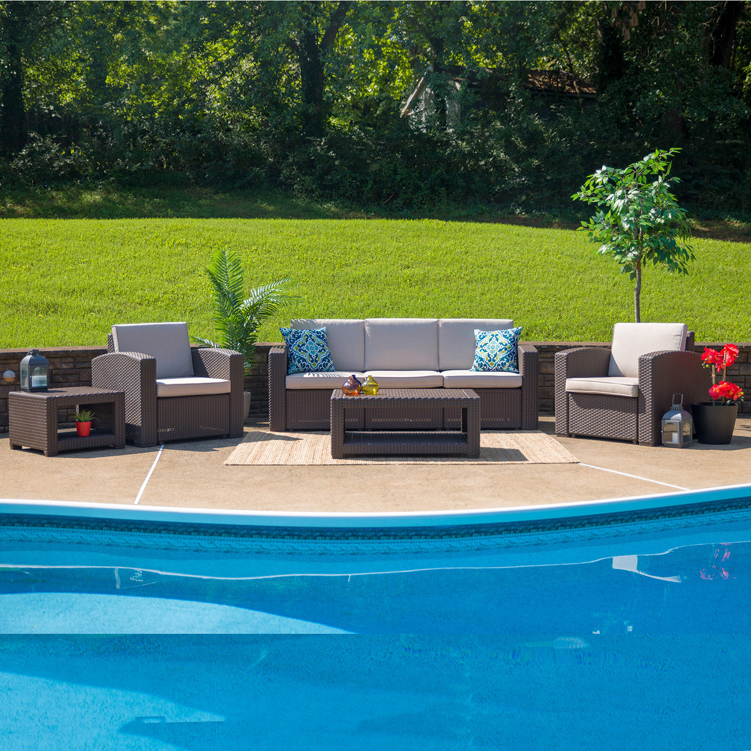 BLNK - Seneca Outdoor Faux Rattan Chair, Sofa and Table Set 5 Piece