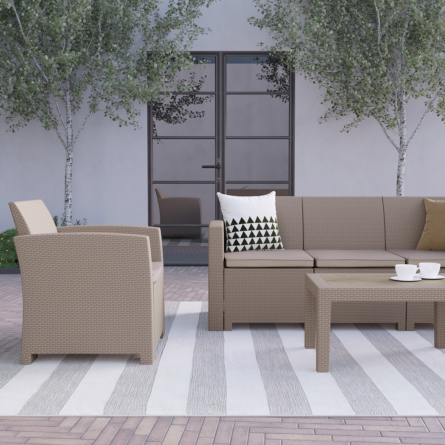 BLNK Seneca Outdoor Faux Rattan Chair, Sofa and Table Set 4 Piece - Light Gray