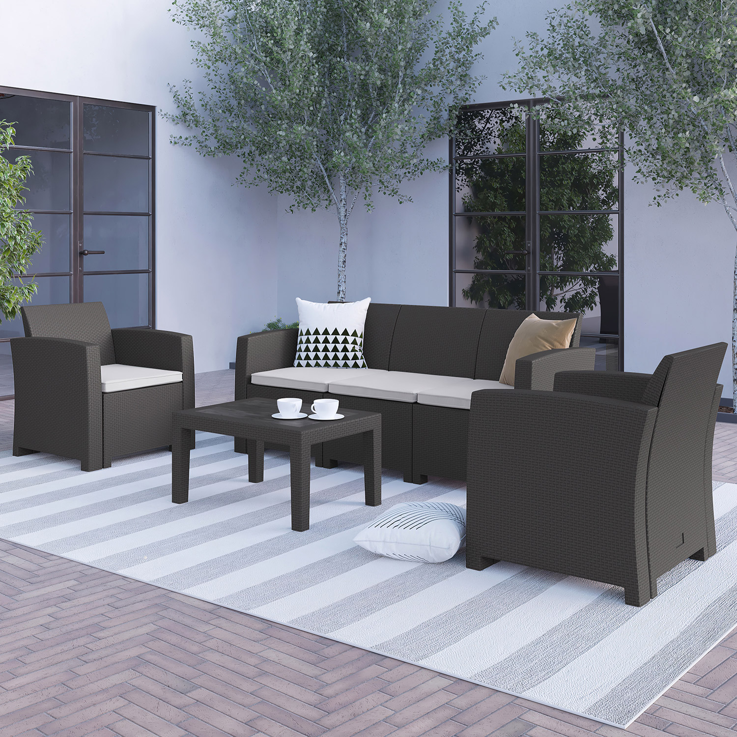 BLNK Seneca Outdoor Faux Rattan Chair, Sofa and Table Set 4 Piece