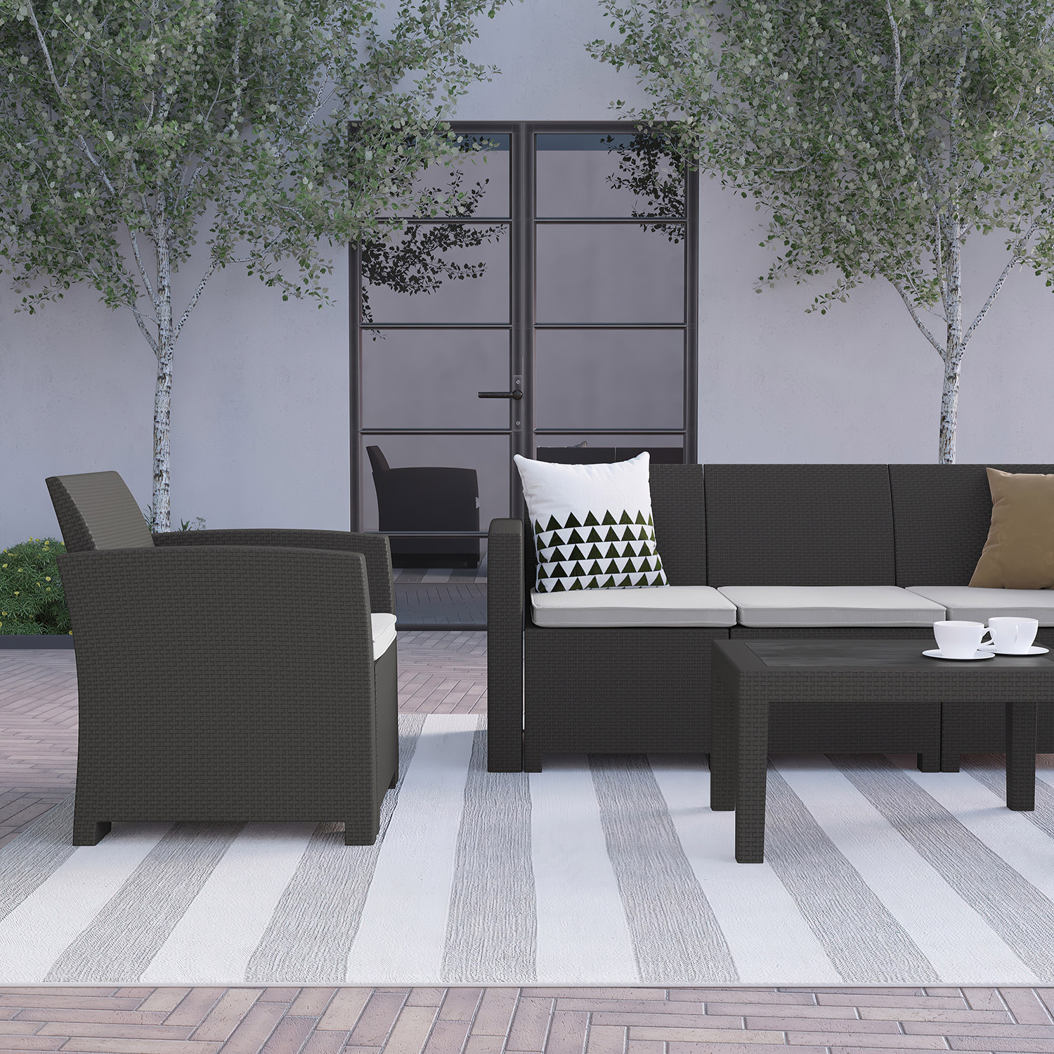 BLNK Seneca Outdoor Faux Rattan Chair, Sofa and Table Set 4 Piece - Dark Gray