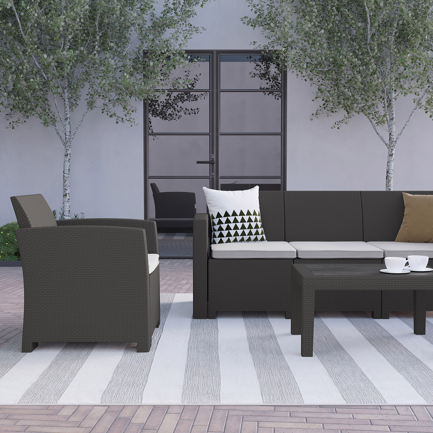 BLNK Seneca Outdoor Faux Rattan Chair, Loveseat, Sofa and Table Set 4 Piece - Dark Gray