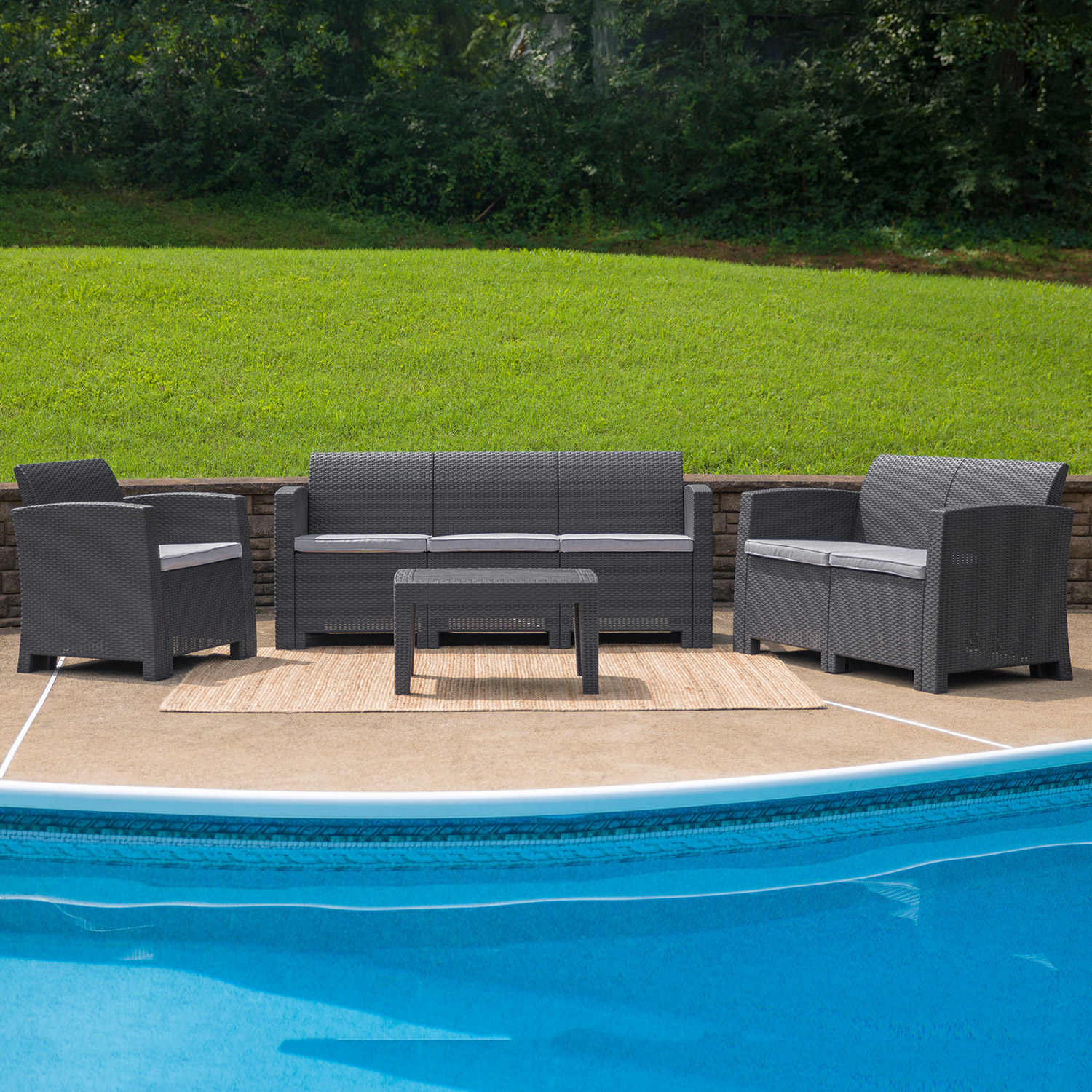 BLNK Seneca Outdoor Faux Rattan Chair, Loveseat, Sofa and Table Set 4 Piece - Dark Gray