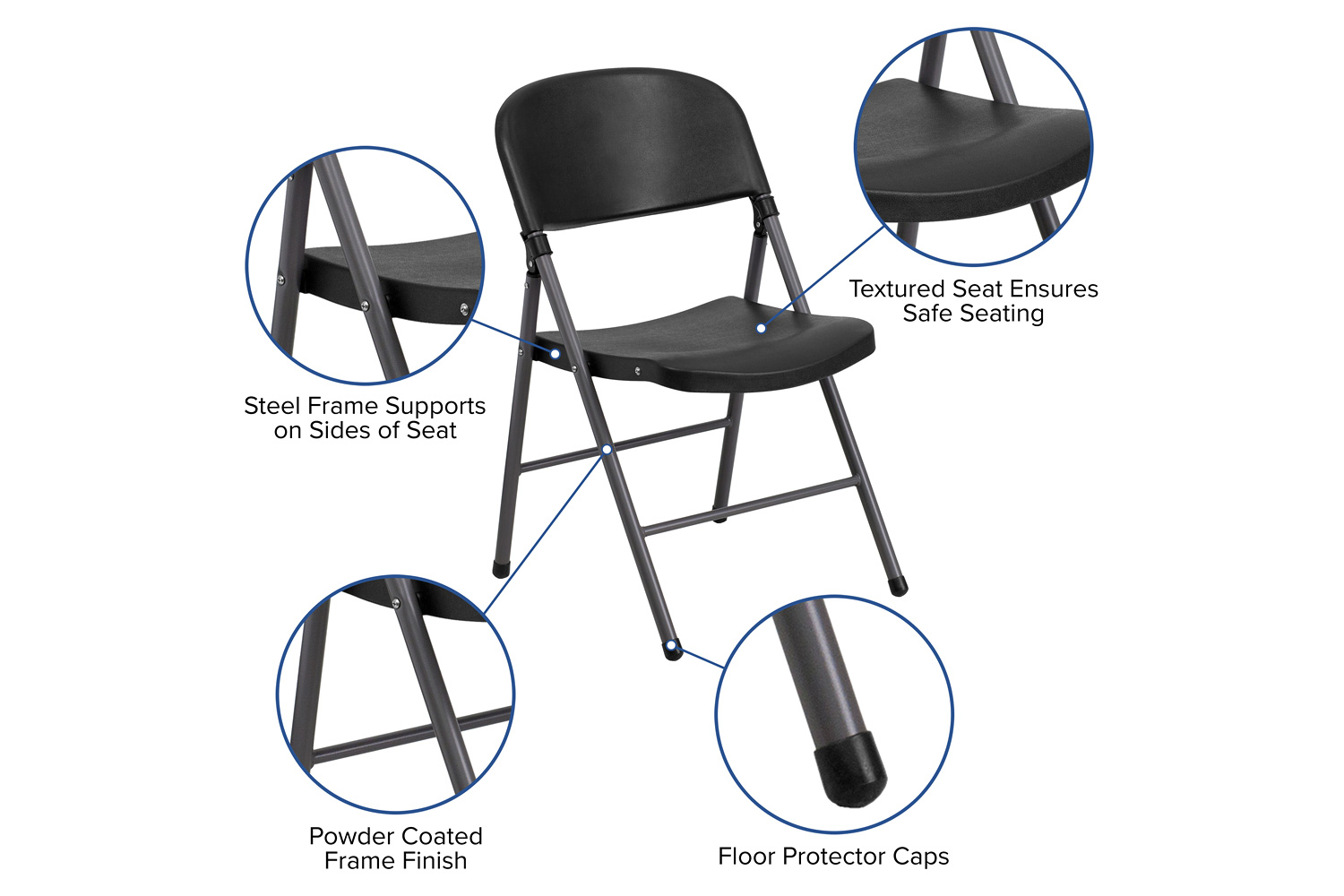 BLNK™ HERCULES Series Plastic Folding Chair with Charcoal Frame - Black