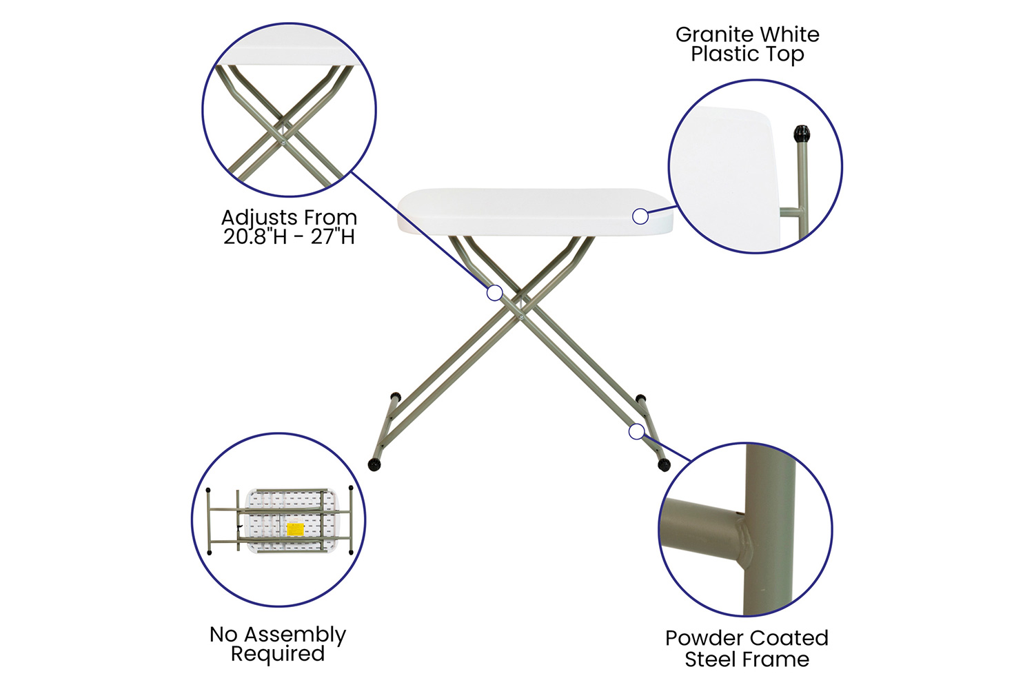 BLNK Elon Commercial Indoor-Outdoor Plastic Adjustable Height Folding Table - 26"L