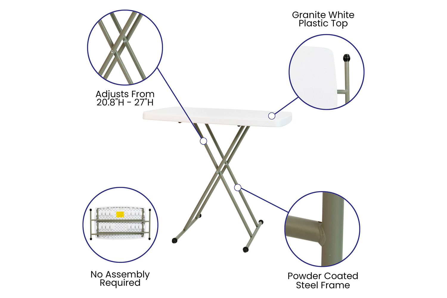 BLNK Elon Commercial Indoor-Outdoor Plastic Adjustable Height Folding Table - 30"H