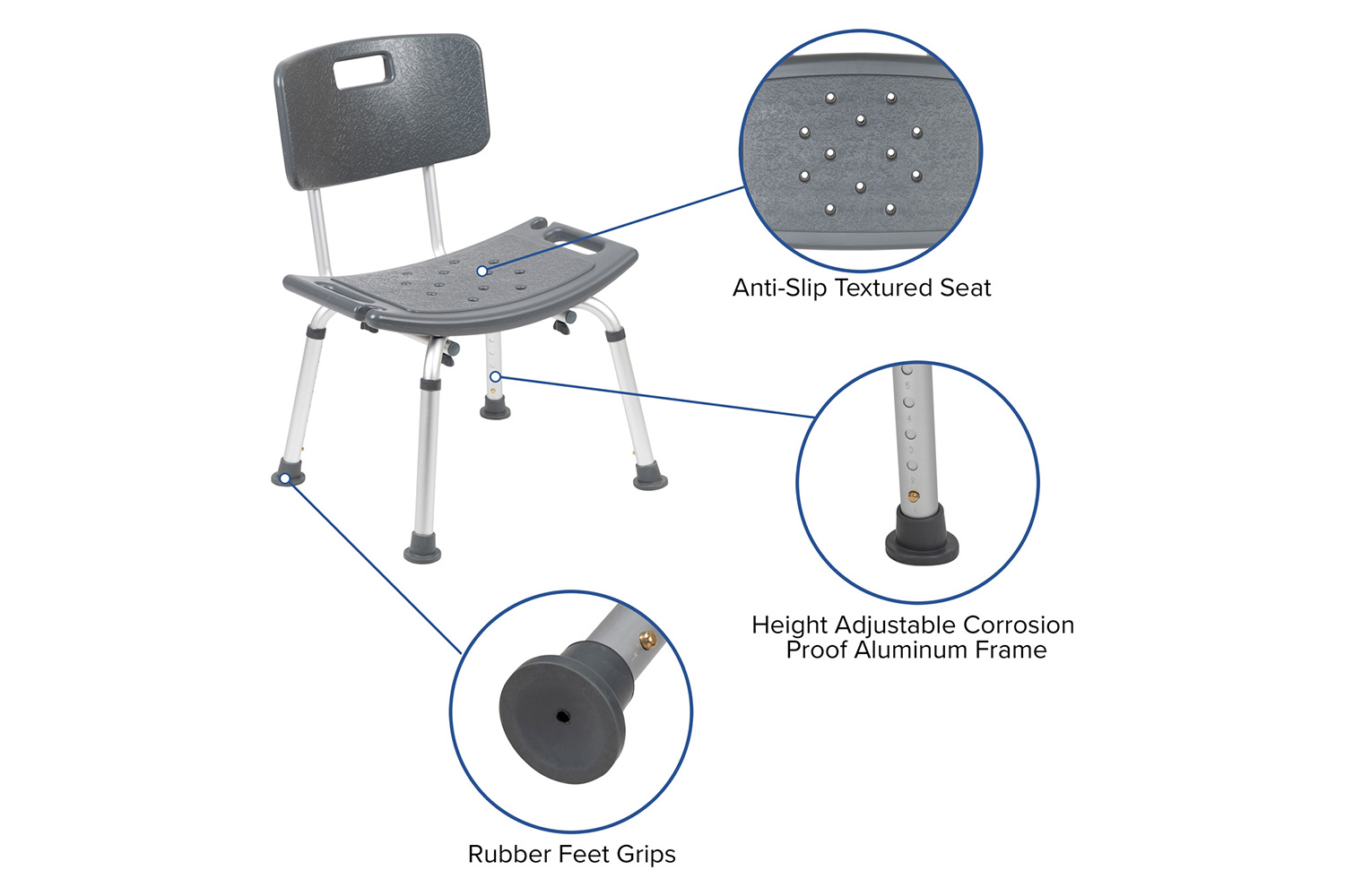 BLNK HERCULES Series Medical Adjustable Bath and Shower Chair with Back - Gray