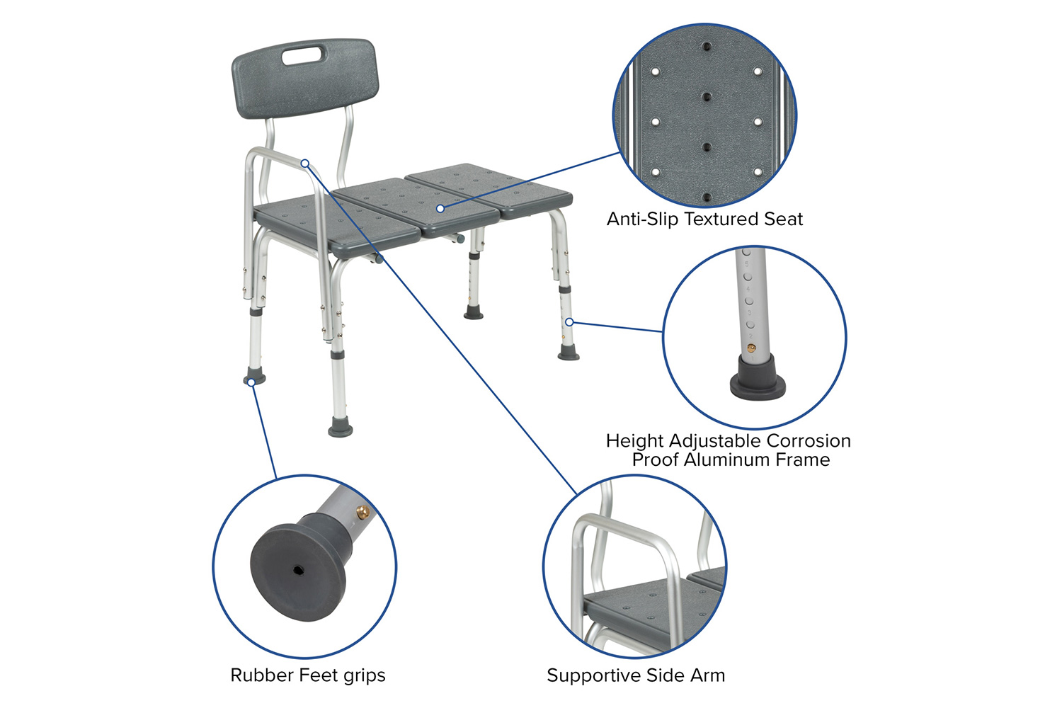 BLNK HERCULES Series Adjustable Bath and Shower Transfer Bench with Back and Side Arm - Gray