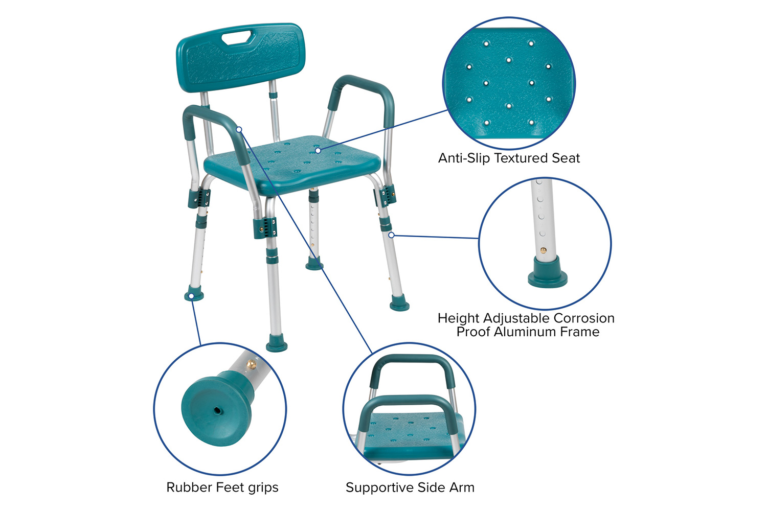 BLNK HERCULES Series Medical Adjustable Bath and Shower Chair with Quick Release Back and Arms - Teal