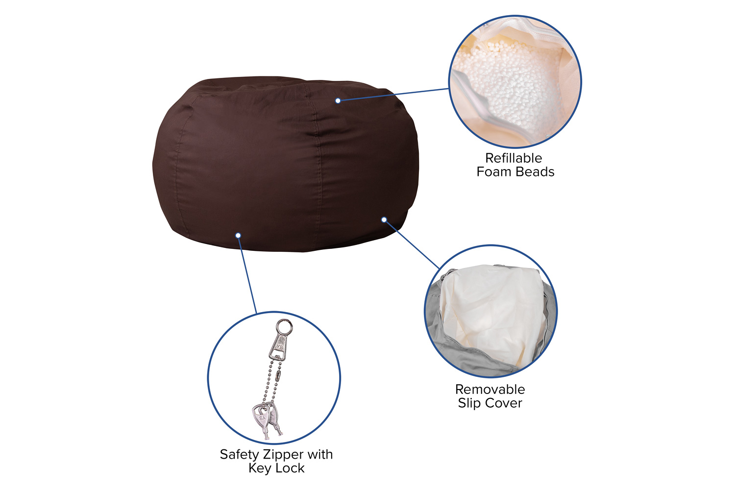 BLNK Duncan Oversized Refillable Bean Bag Chair for All Ages - Solid Brown