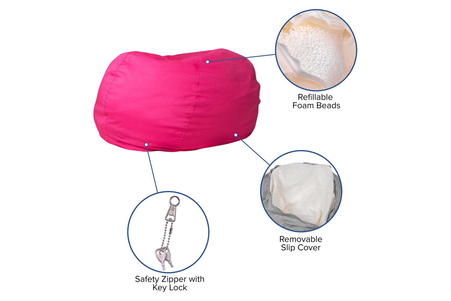 BLNK Duncan Oversized Refillable Bean Bag Chair for All Ages - Solid Hot Pink