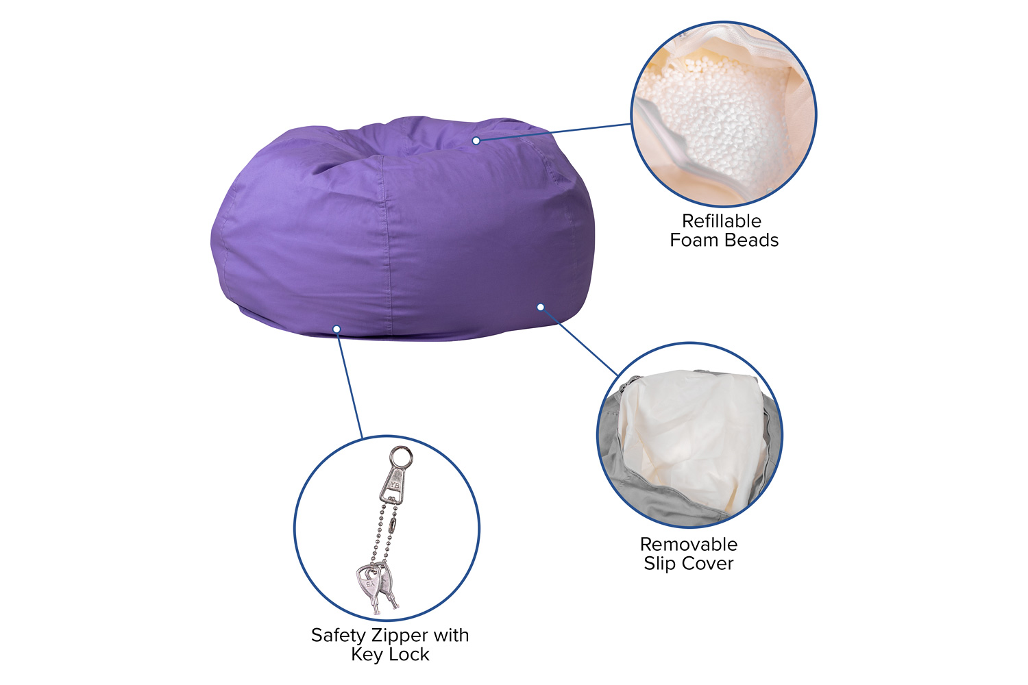 BLNK Duncan Oversized Refillable Bean Bag Chair for All Ages - Solid Purple