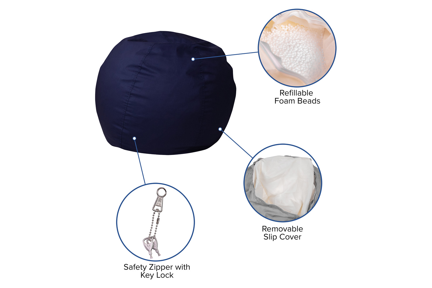 BLNK Dillon Small Refillable Bean Bag Chair for Kids and Teens - Solid Navy Blue