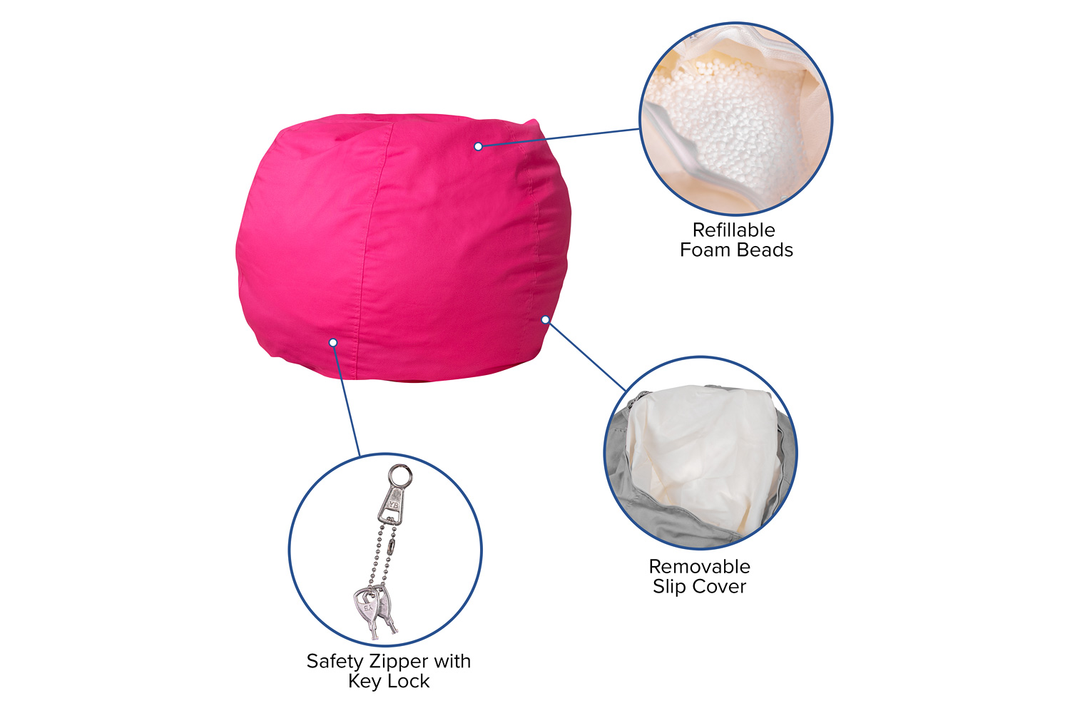 BLNK Dillon Small Refillable Bean Bag Chair for Kids and Teens - Solid Hot Pink