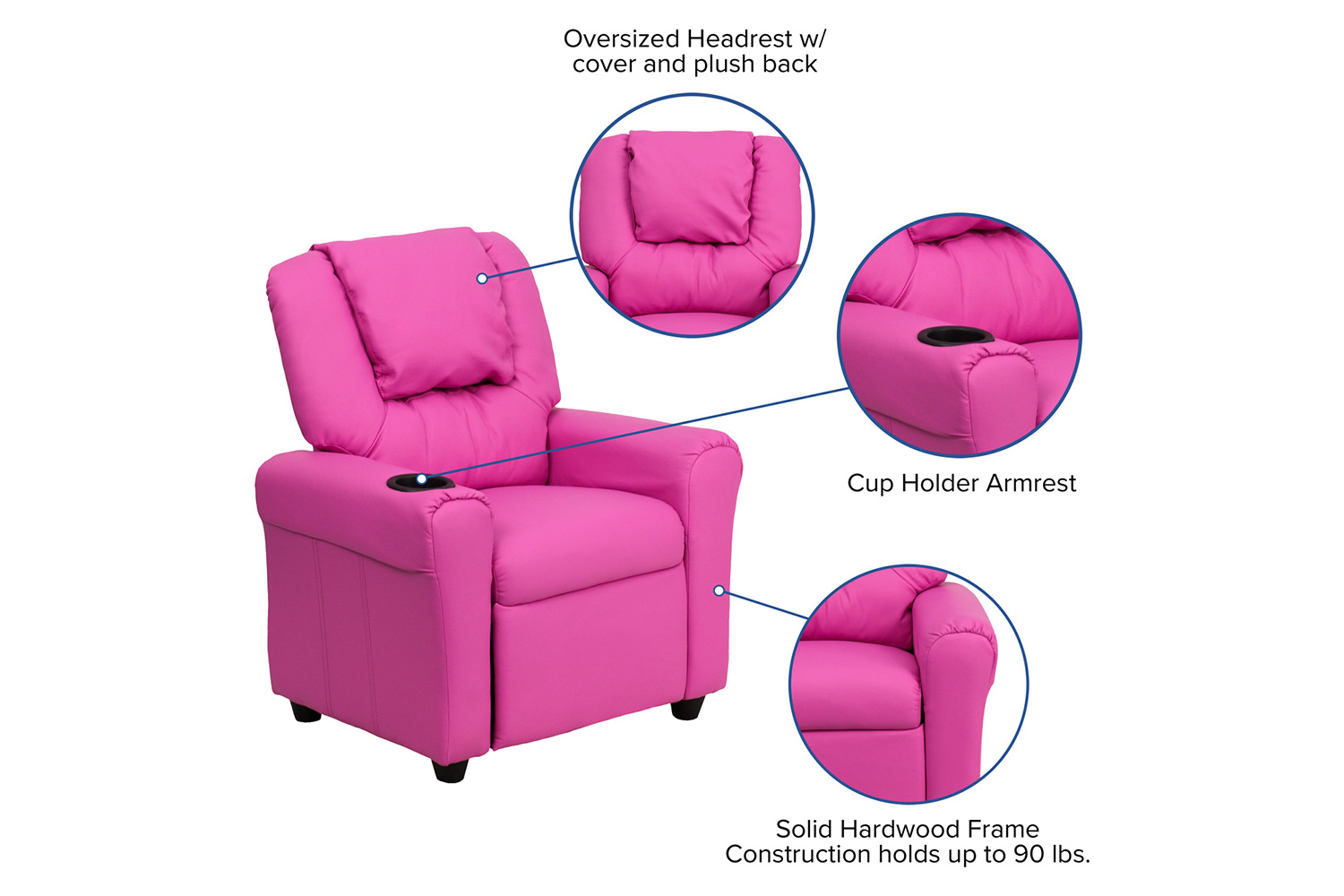 BLNK Vana Vinyl Contemporary Kids Recliner with Cup Holder and Headrest - Hot Pink