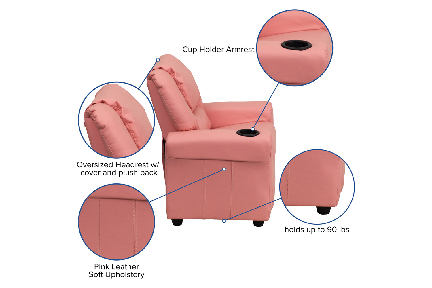 BLNK Vana Vinyl Contemporary Kids Recliner with Cup Holder and Headrest - Pink