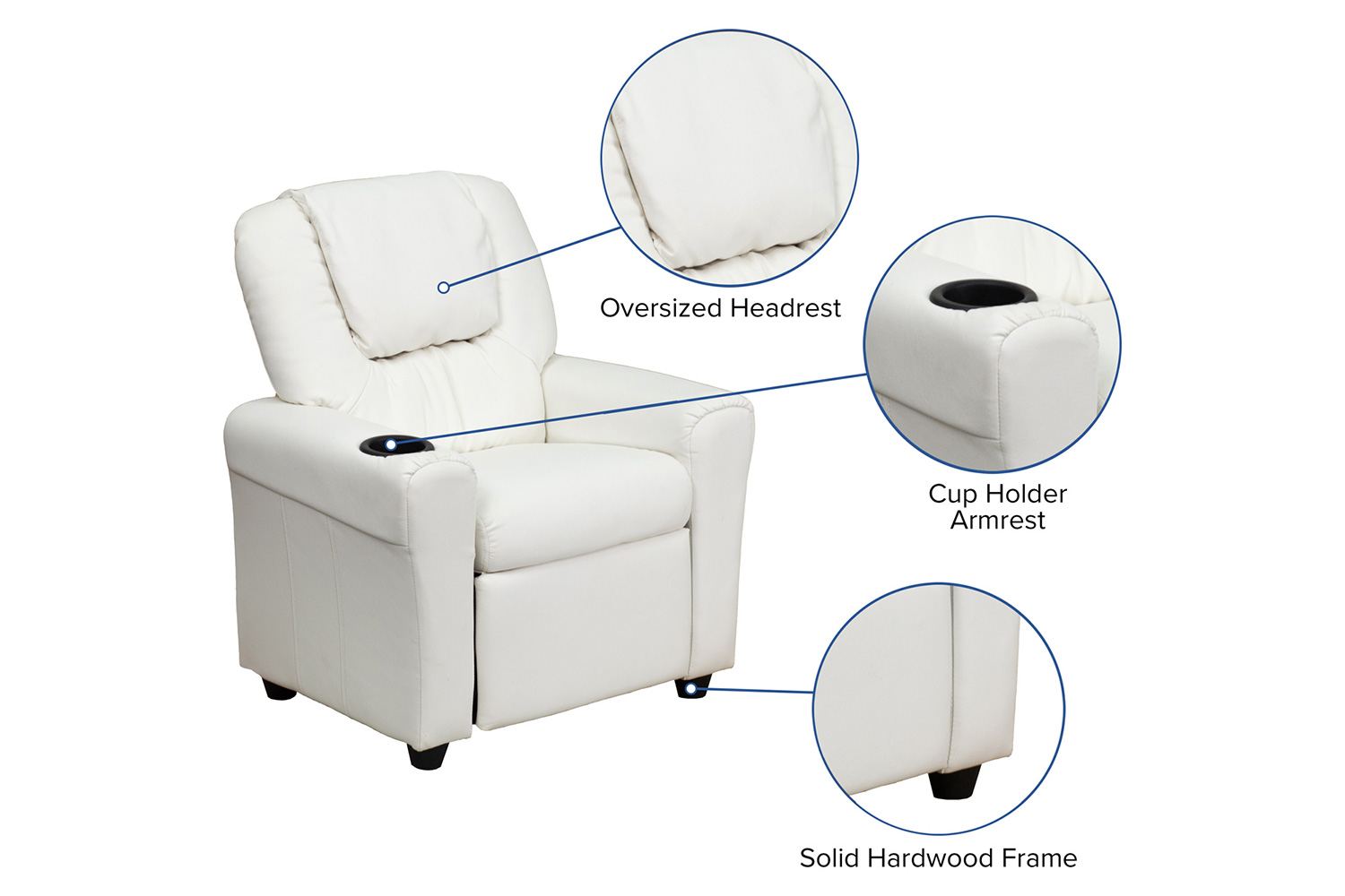 BLNK™ Vana Vinyl Contemporary Kids Recliner with Cup Holder and Headrest - White