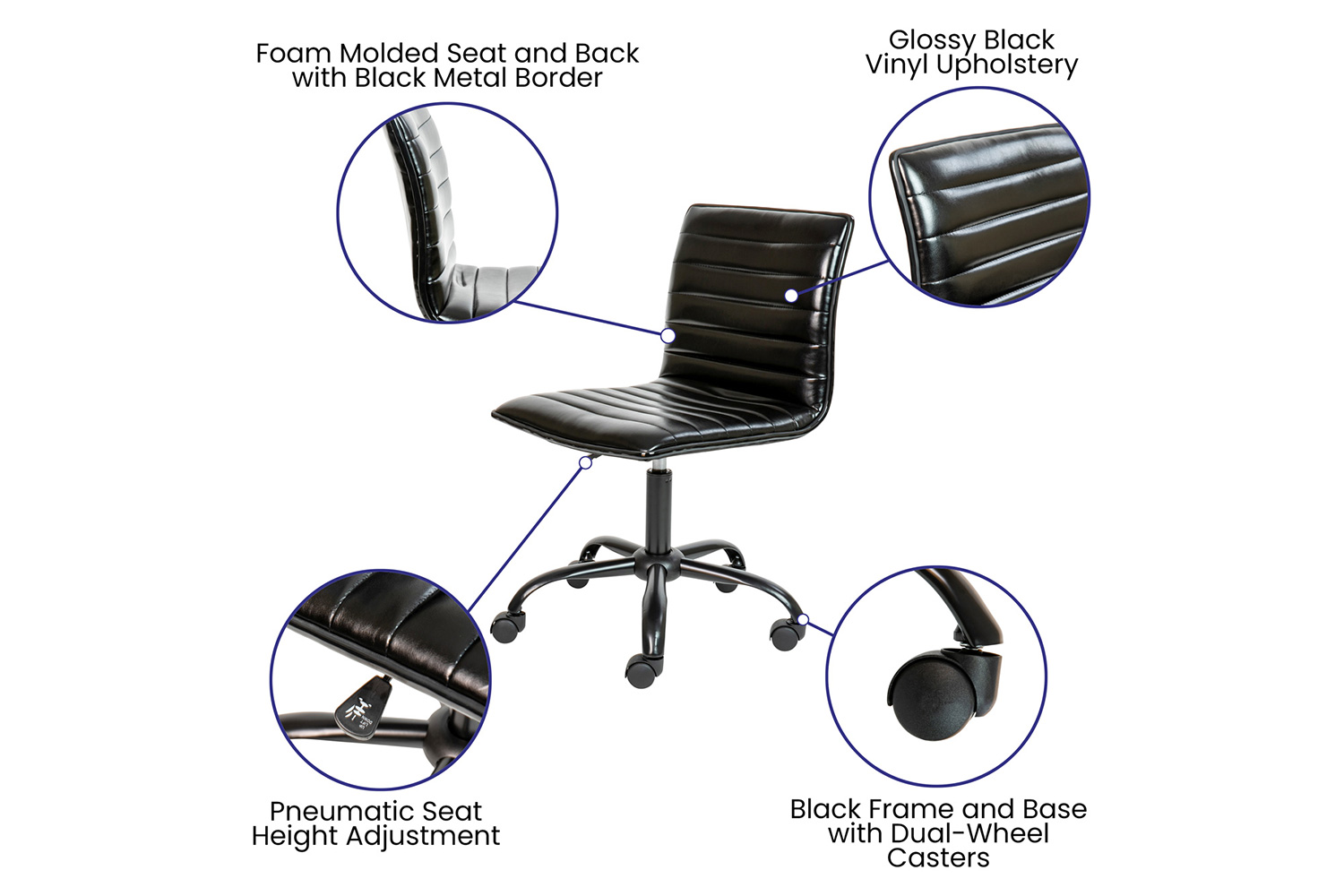 BLNK Alan Low-Back Designer Armless Ribbed Swivel Task Office Chair with Black Frame and Base - Black