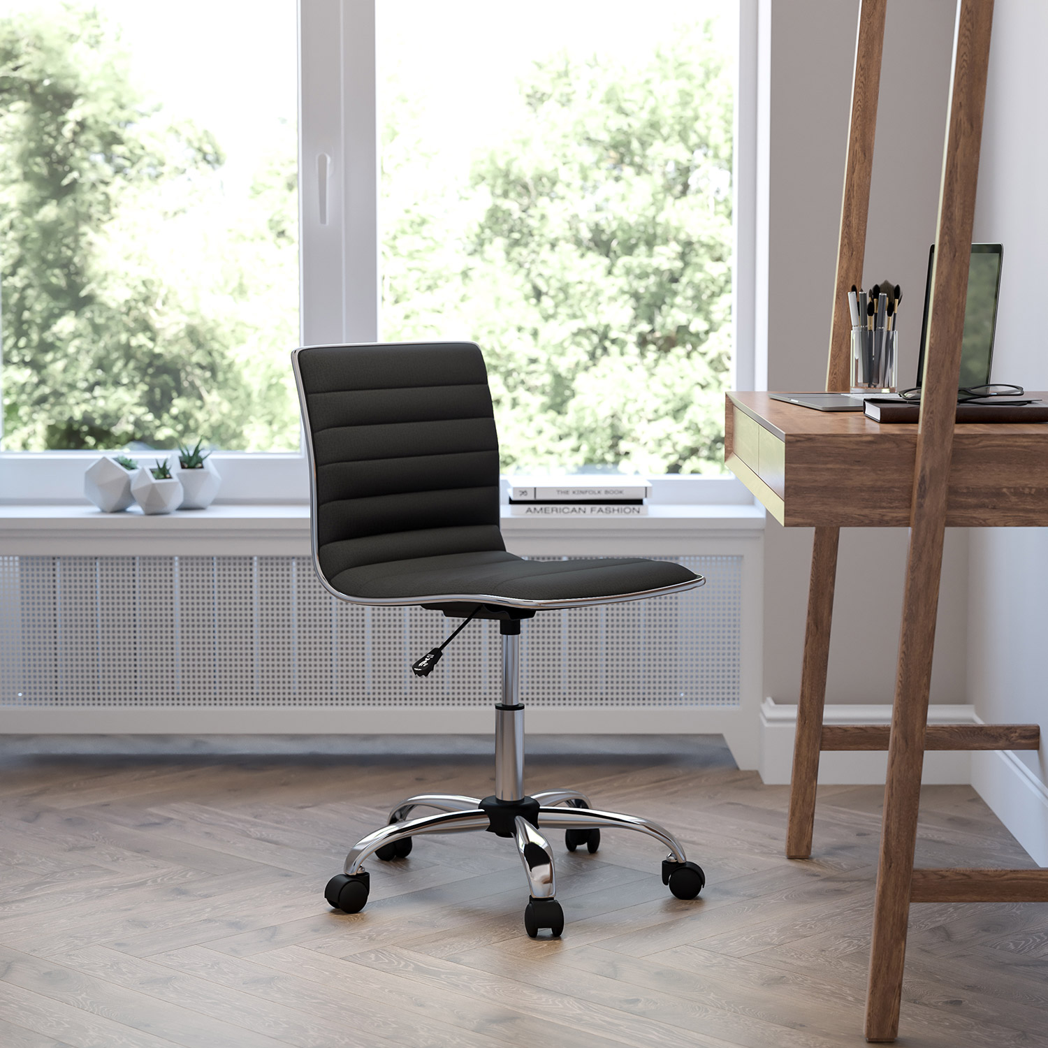 BLNK Alan Low-Back Designer Armless Ribbed Swivel Task Office Chair with Chrome Frame and Base