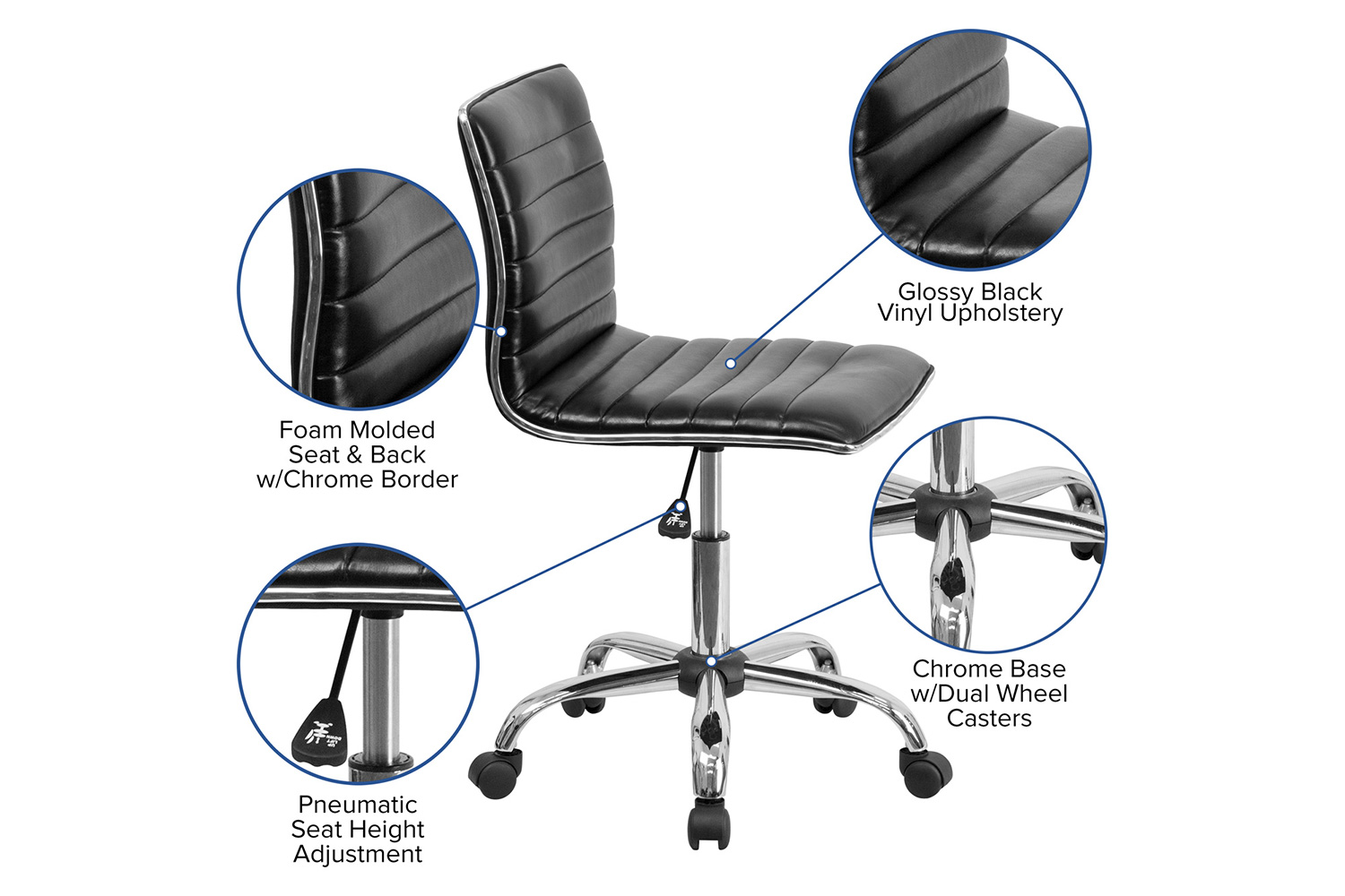 BLNK Alan Low-Back Designer Armless Ribbed Swivel Task Office Chair with Chrome Frame and Base - Black