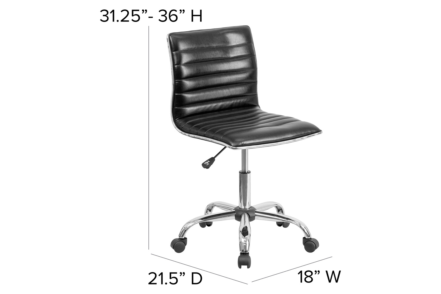 BLNK Alan Low-Back Designer Armless Ribbed Swivel Task Office Chair with Chrome Frame and Base - Black