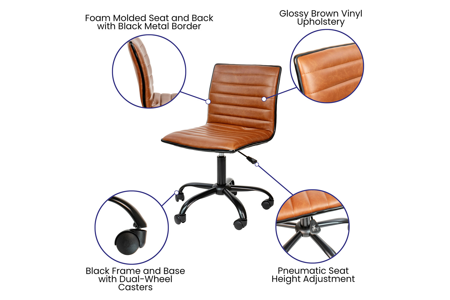 BLNK Alan Low-Back Designer Armless Ribbed Swivel Task Office Chair with Black Frame and Base - Brown