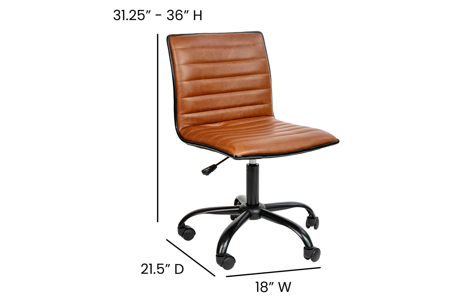 BLNK Alan Low-Back Designer Armless Ribbed Swivel Task Office Chair with Black Frame and Base - Brown