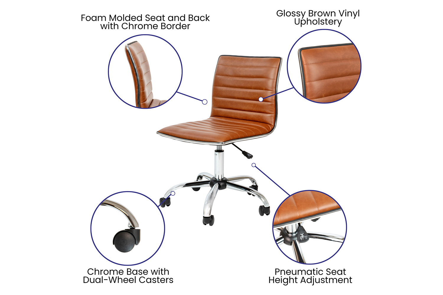 BLNK Alan Low-Back Designer Armless Ribbed Swivel Task Office Chair with Chrome Frame and Base - Brown