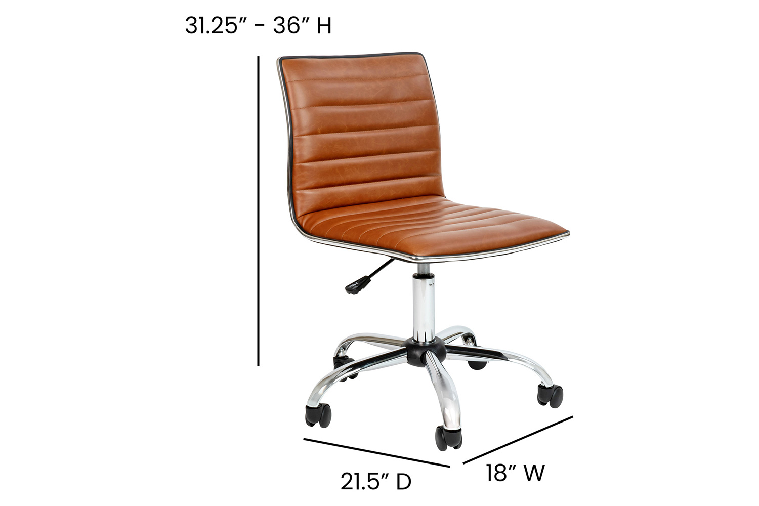 BLNK Alan Low-Back Designer Armless Ribbed Swivel Task Office Chair with Chrome Frame and Base - Brown