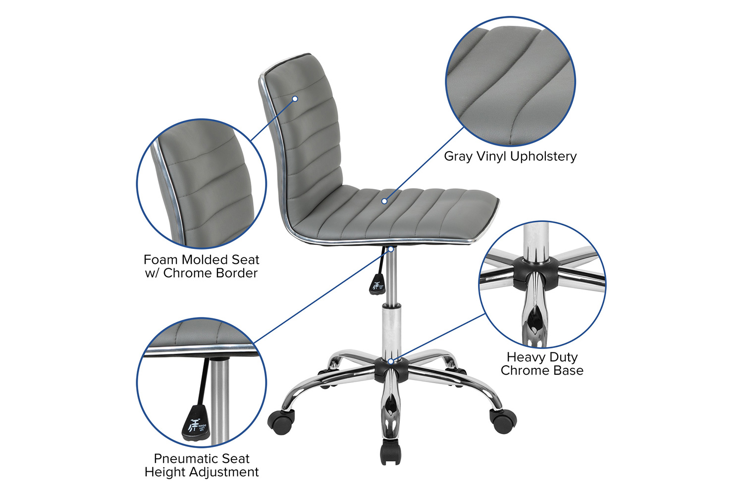 BLNK Alan Low-Back Designer Armless Ribbed Swivel Task Office Chair with Chrome Frame and Base - Light Gray