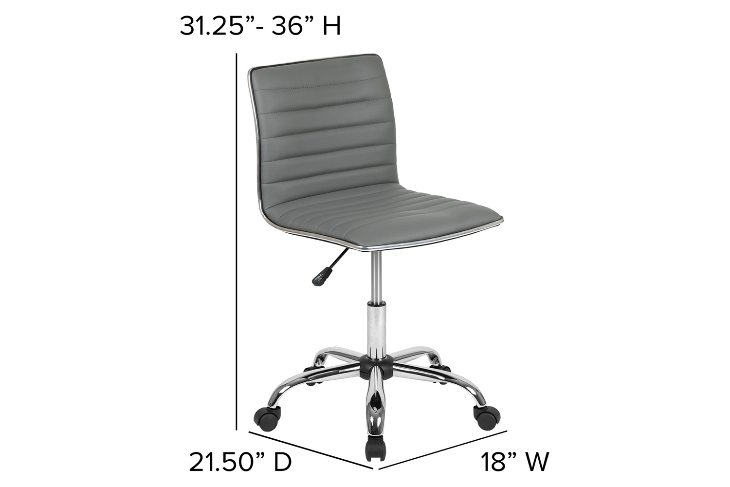 BLNK Alan Low-Back Designer Armless Ribbed Swivel Task Office Chair with Chrome Frame and Base - Light Gray