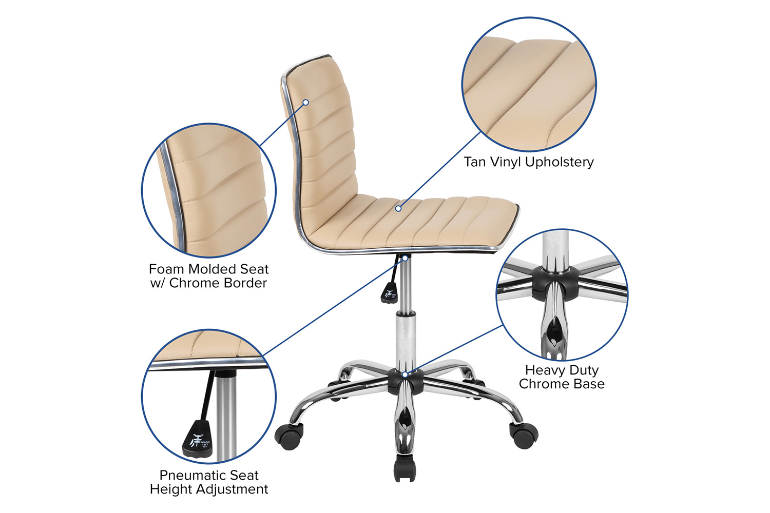 BLNK Alan Low-Back Designer Armless Ribbed Swivel Task Office Chair with Chrome Frame and Base - Tan