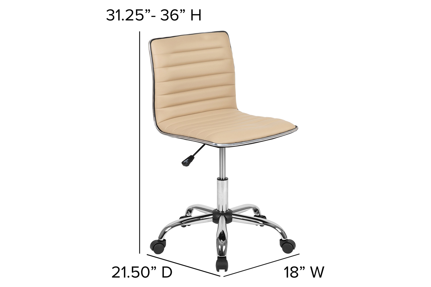 BLNK Alan Low-Back Designer Armless Ribbed Swivel Task Office Chair with Chrome Frame and Base - Tan