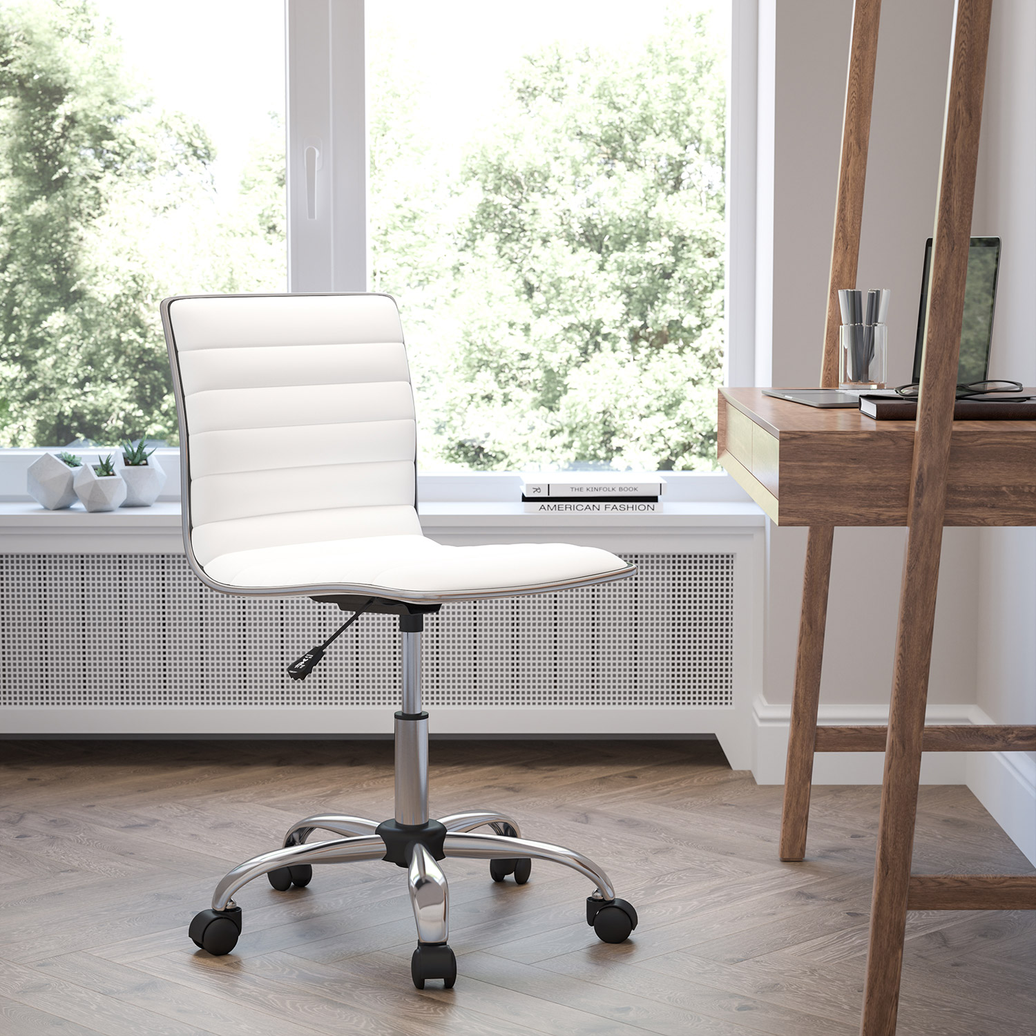 BLNK Alan Low-Back Designer Armless Ribbed Swivel Task Office Chair with Chrome Frame and Base