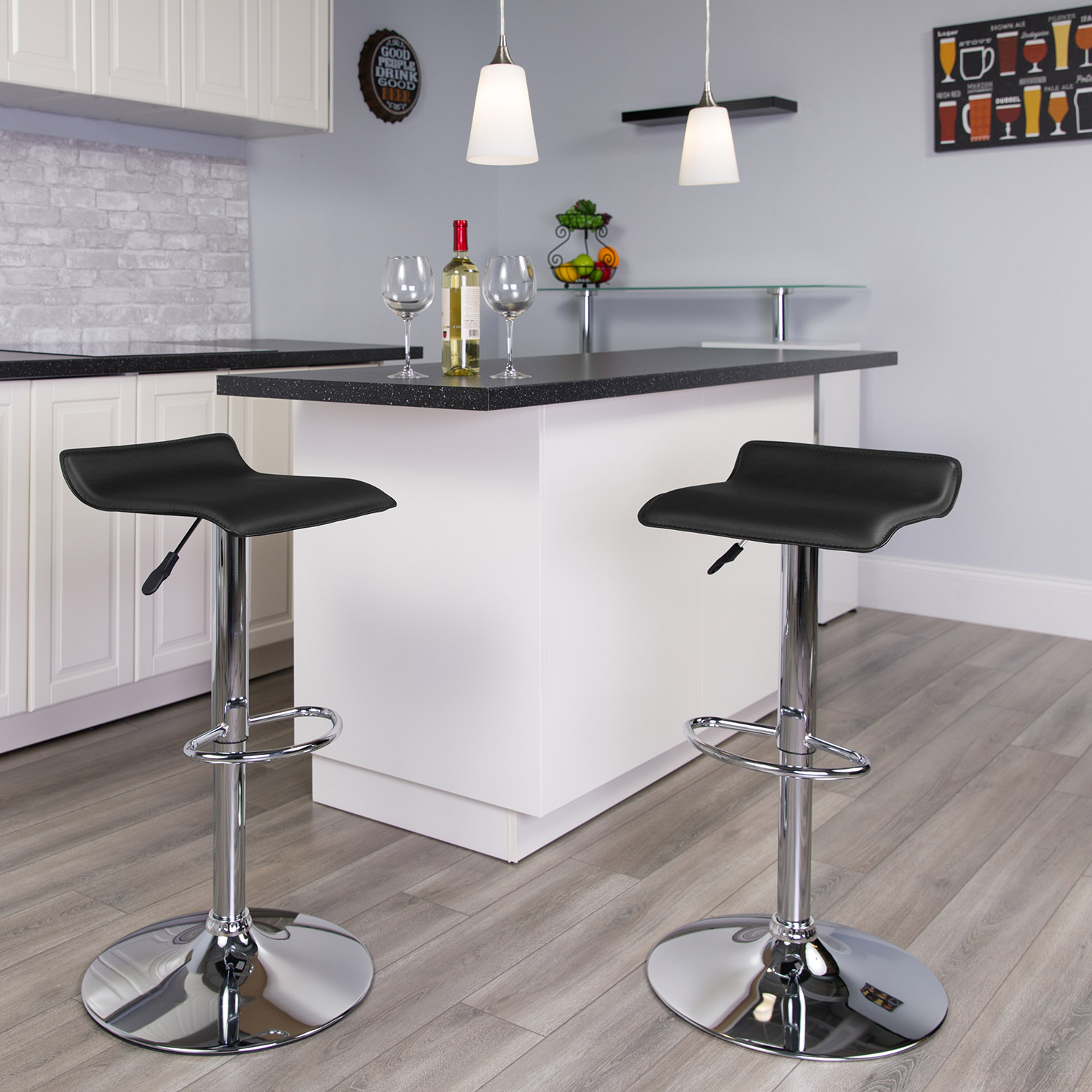 BLNK Dax Vinyl Adjustable Height Bar Stool with Solid Wave Seat and Chrome Base