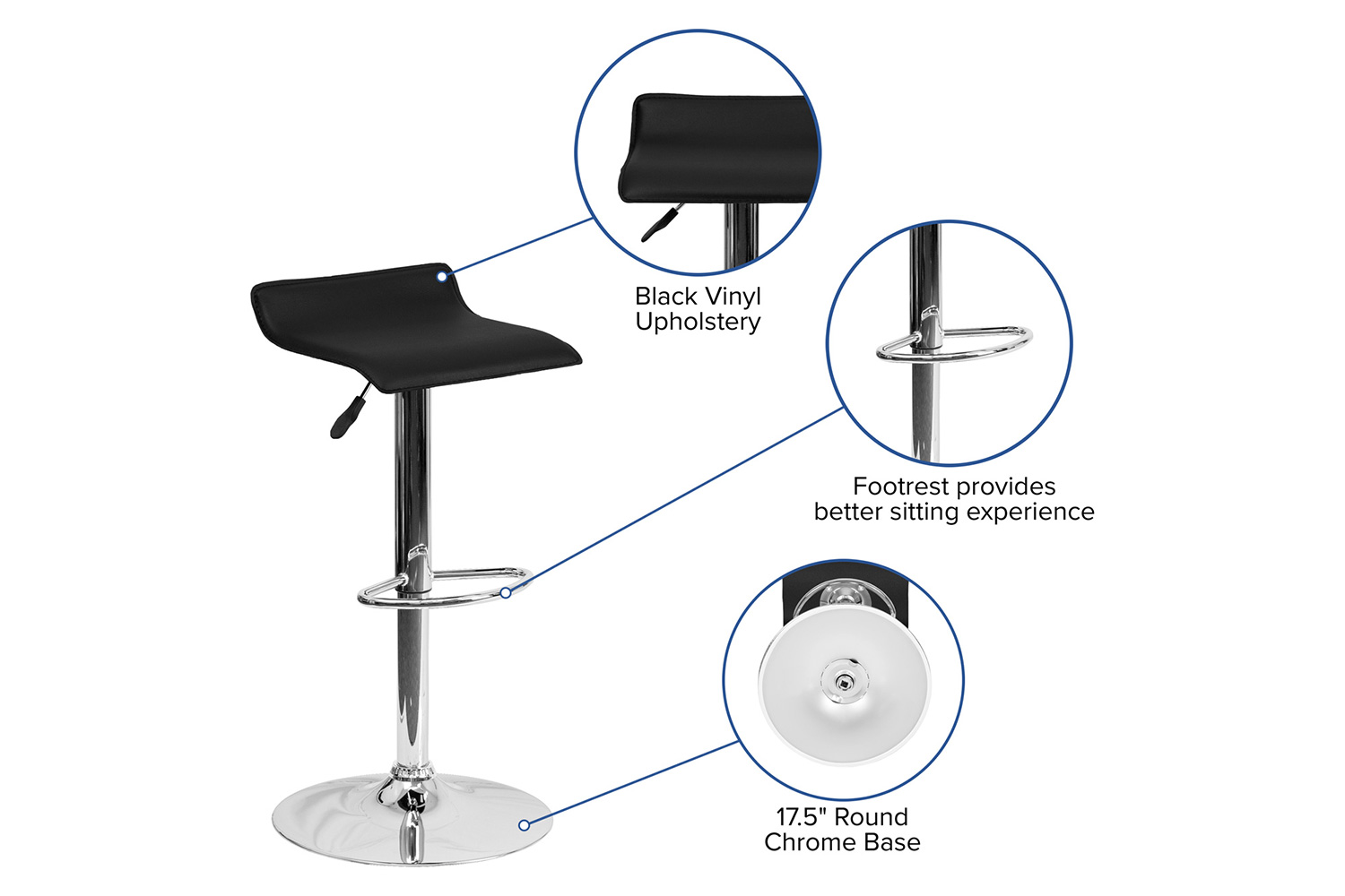 BLNK Dax Vinyl Adjustable Height Bar Stool with Solid Wave Seat and Chrome Base - Black