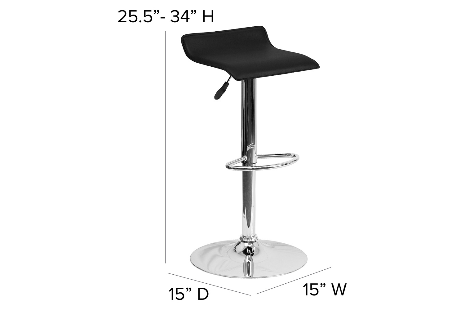 BLNK Dax Vinyl Adjustable Height Bar Stool with Solid Wave Seat and Chrome Base - Black