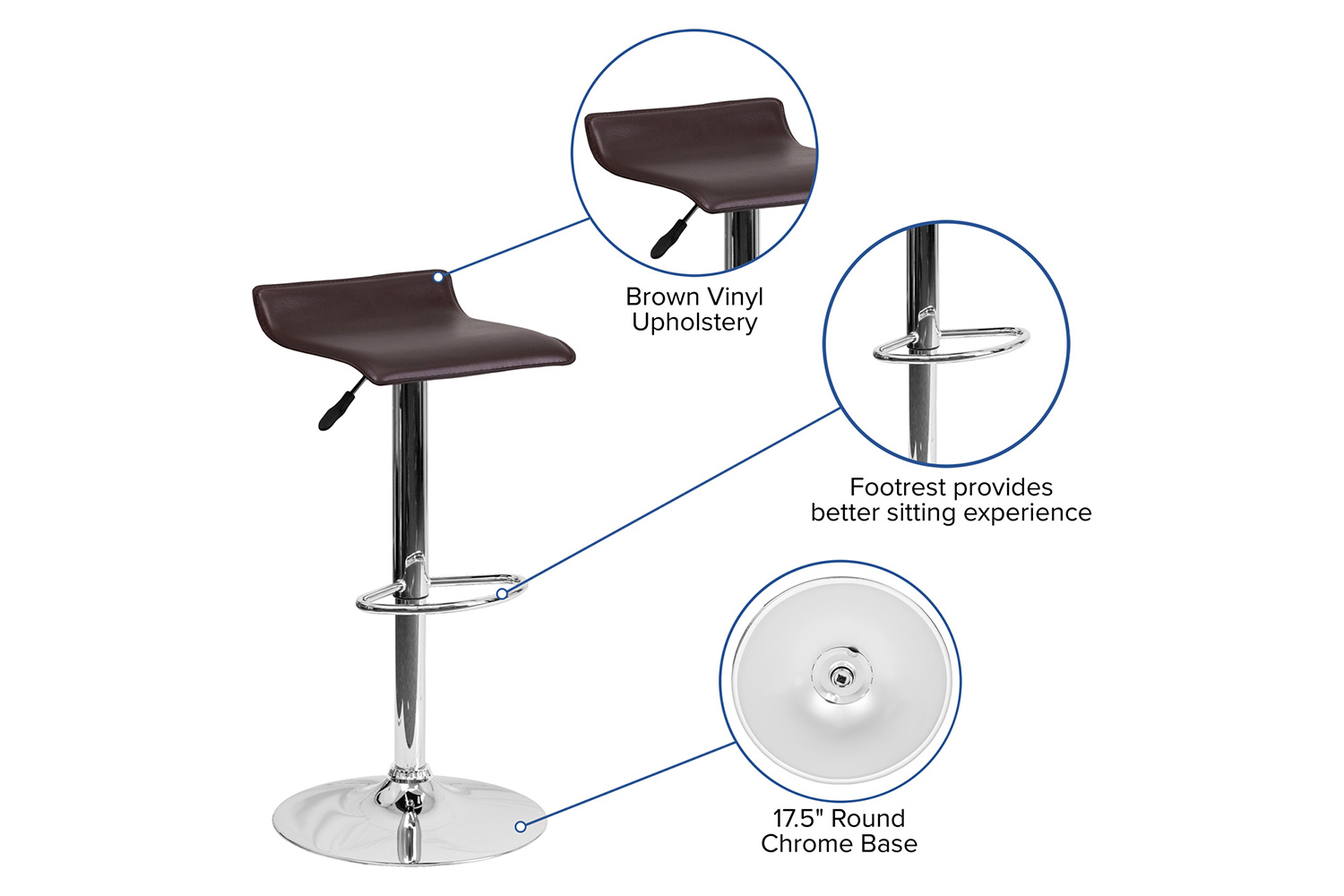 BLNK Dax Vinyl Adjustable Height Bar Stool with Solid Wave Seat and Chrome Base - Brown