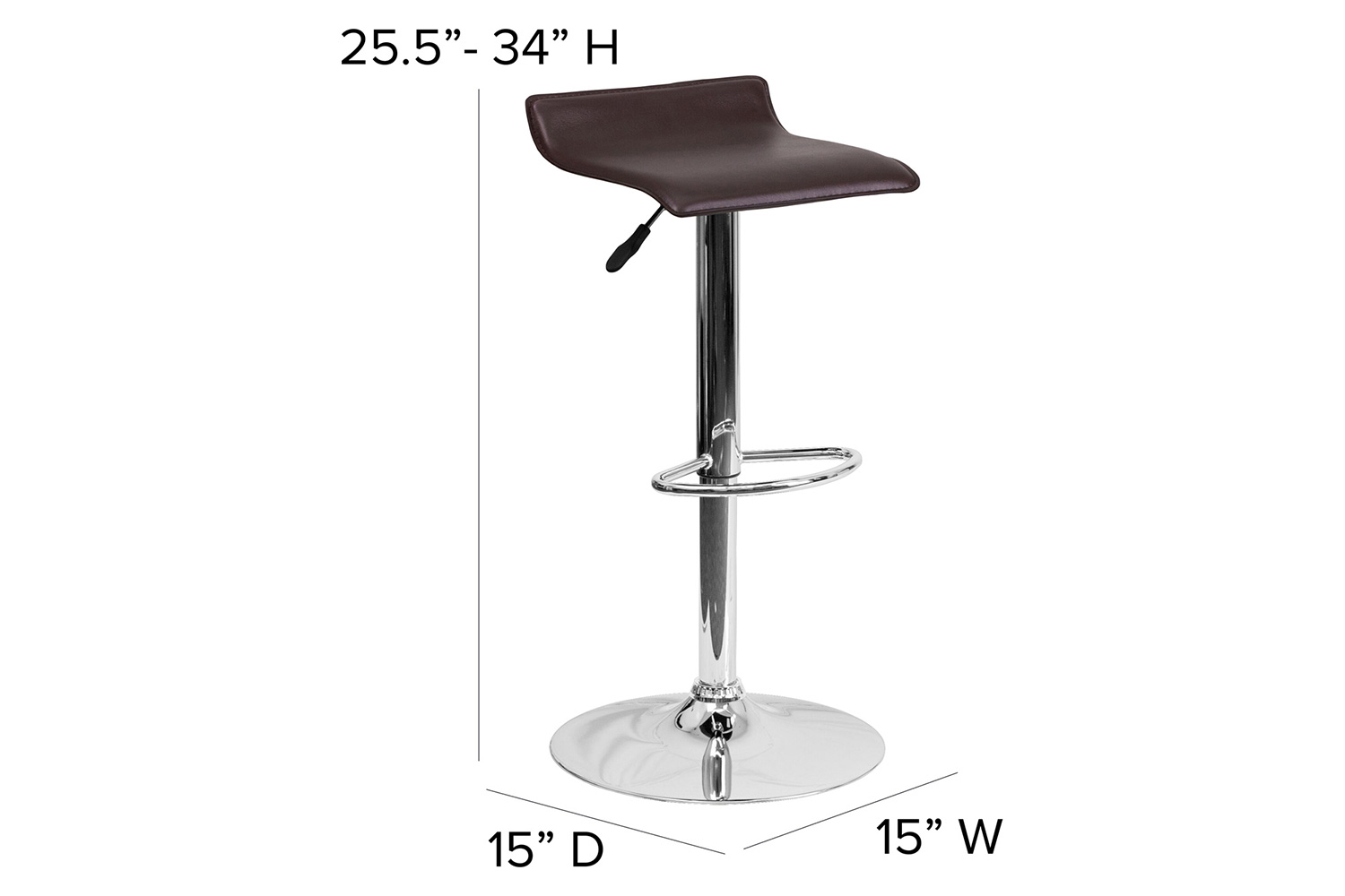 BLNK Dax Vinyl Adjustable Height Bar Stool with Solid Wave Seat and Chrome Base - Brown