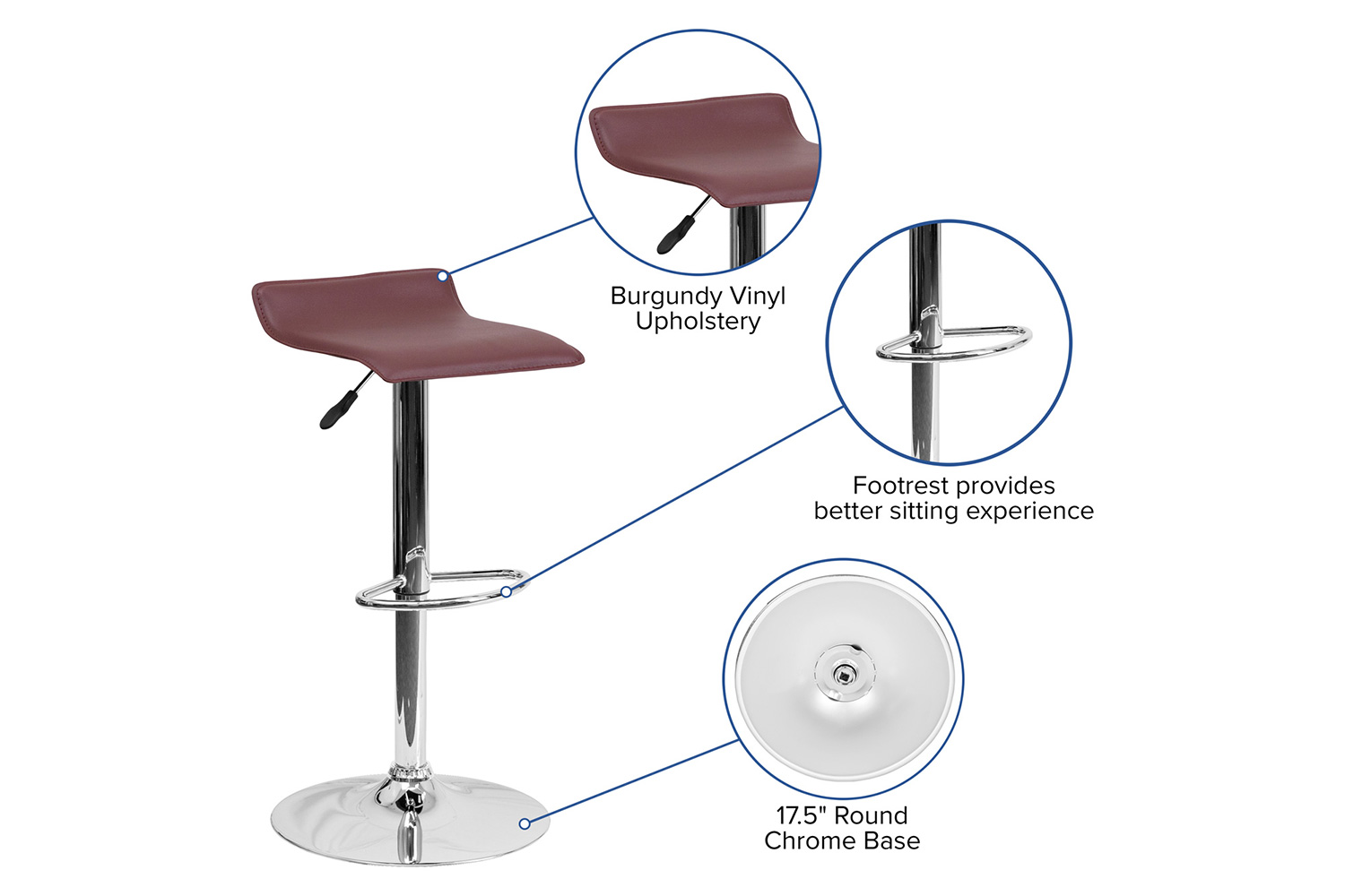 BLNK Dax Vinyl Adjustable Height Bar Stool with Solid Wave Seat and Chrome Base - Burgundy