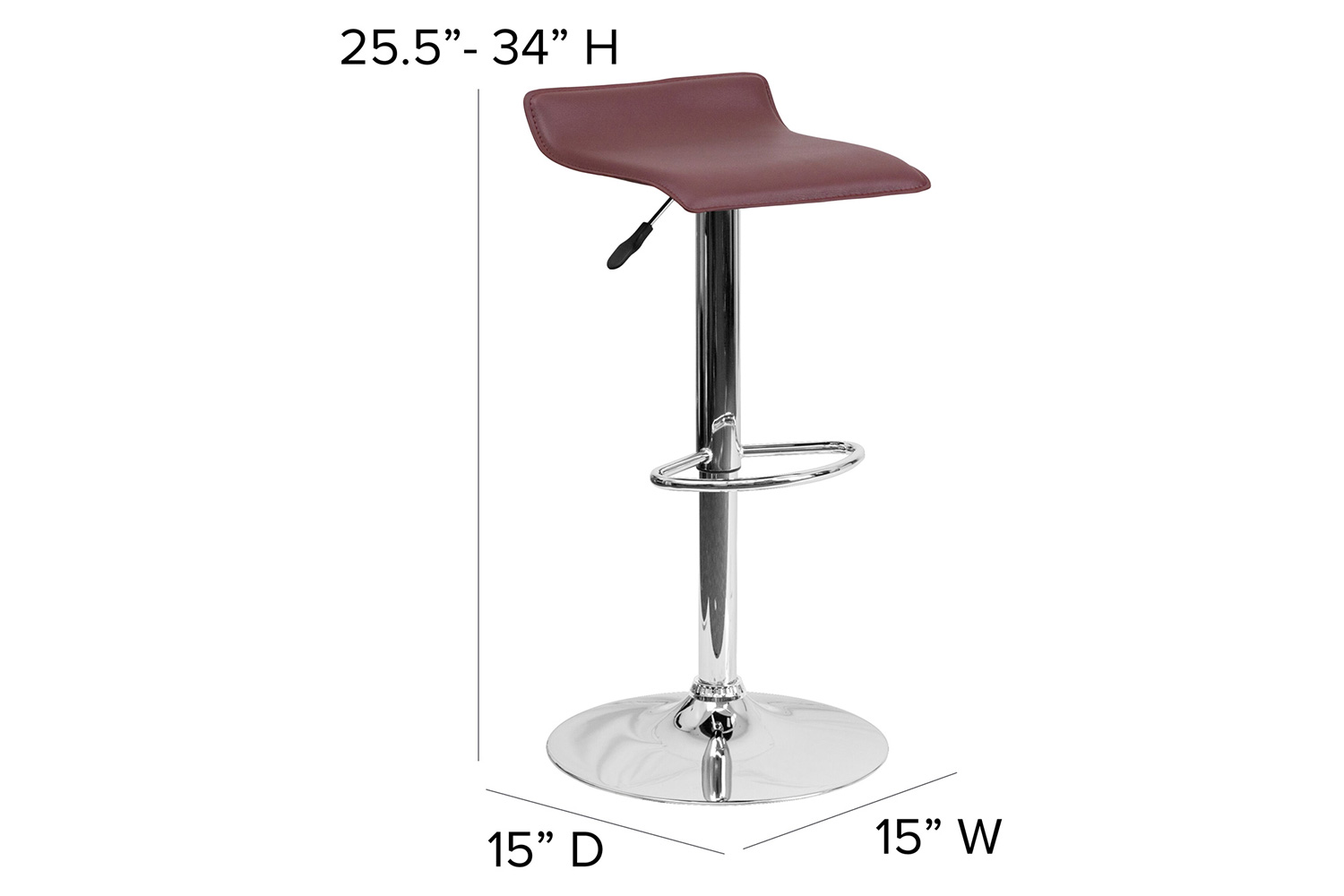 BLNK Dax Vinyl Adjustable Height Bar Stool with Solid Wave Seat and Chrome Base - Burgundy