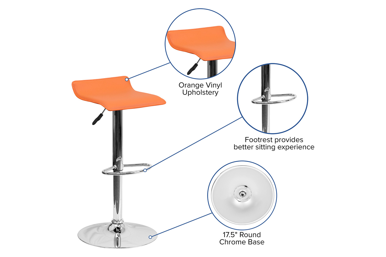 BLNK Dax Vinyl Adjustable Height Bar Stool with Solid Wave Seat and Chrome Base - Orange